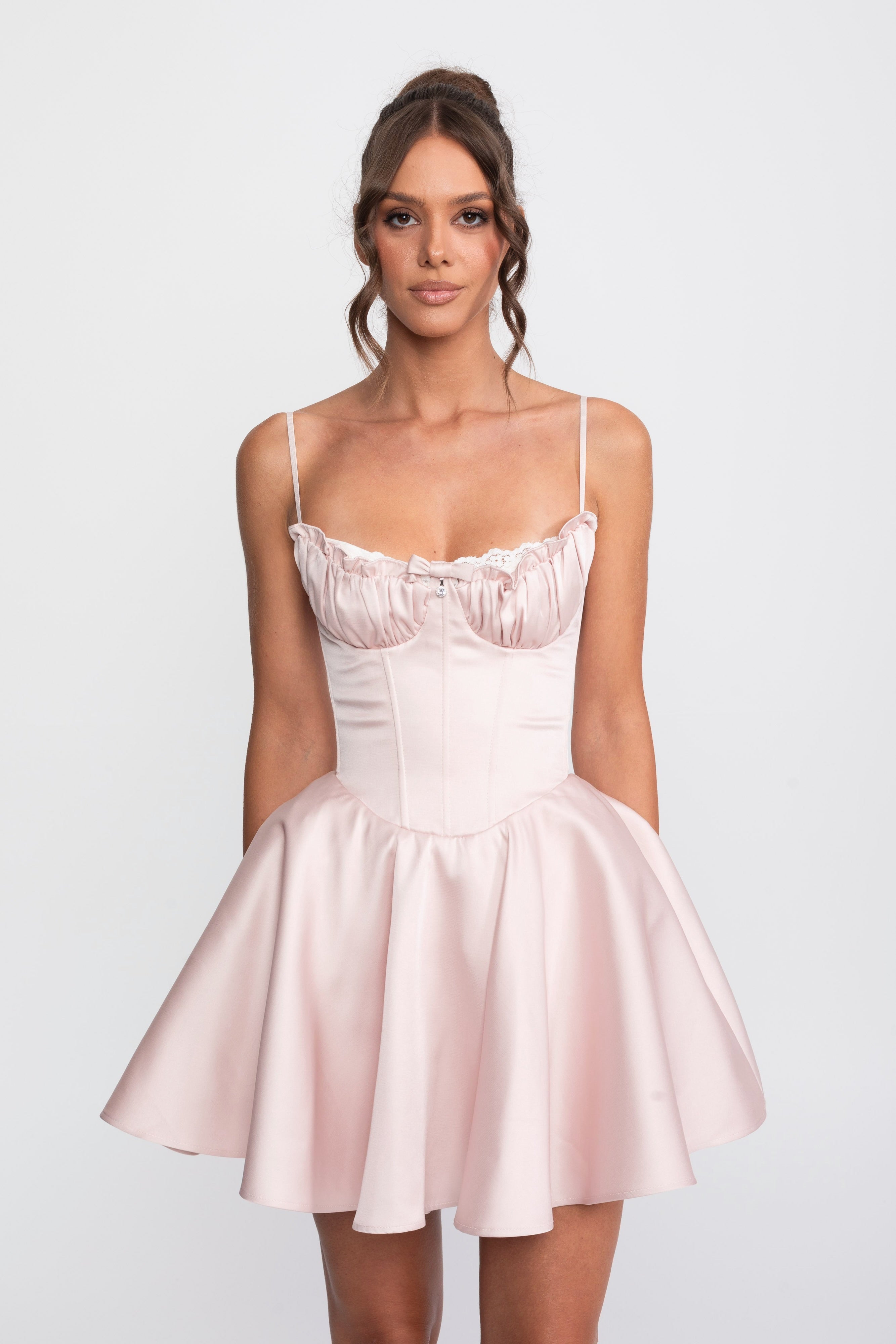 Ruffled Sweetheart Fit-and-Flare Dress With Lace Trim - Pink