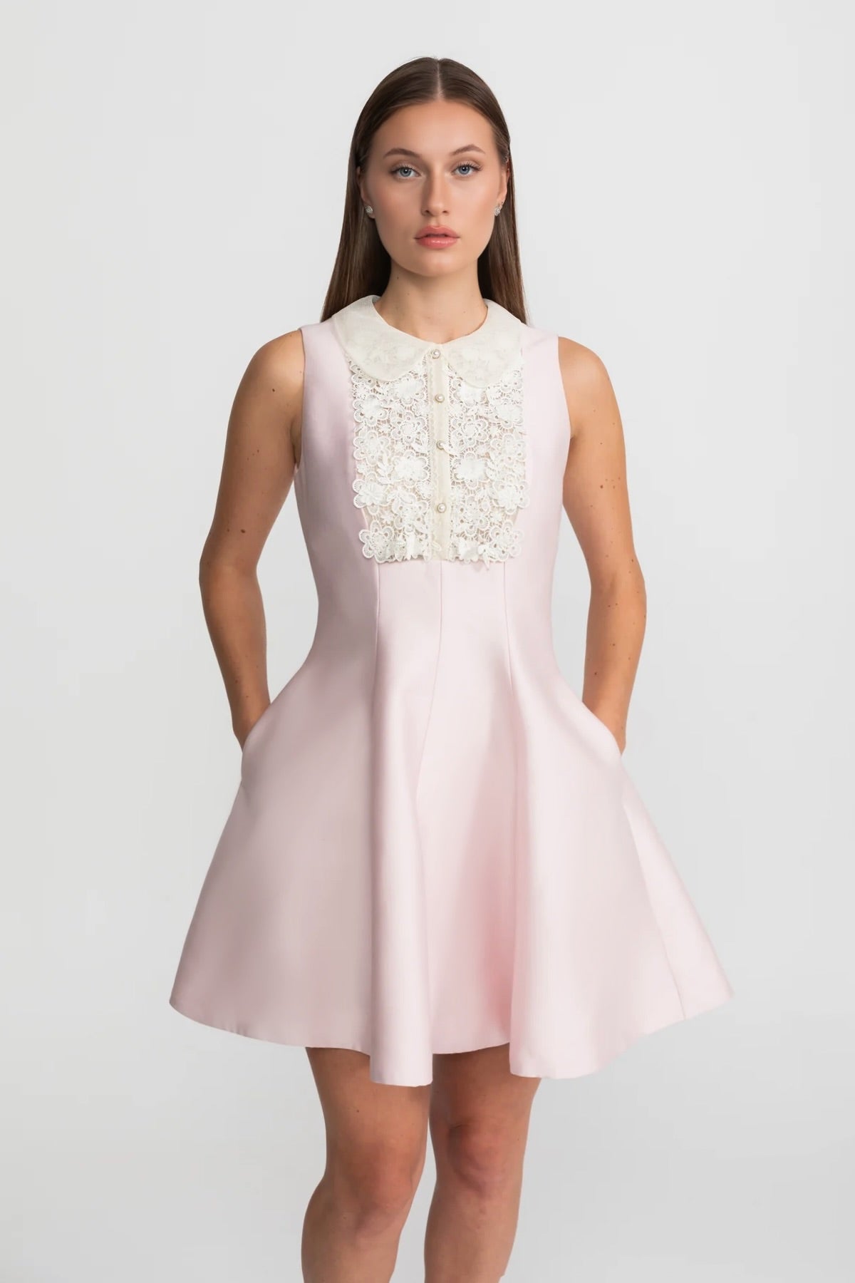 A-Line Mini Dress with Lace Bib – Blush Pink, S