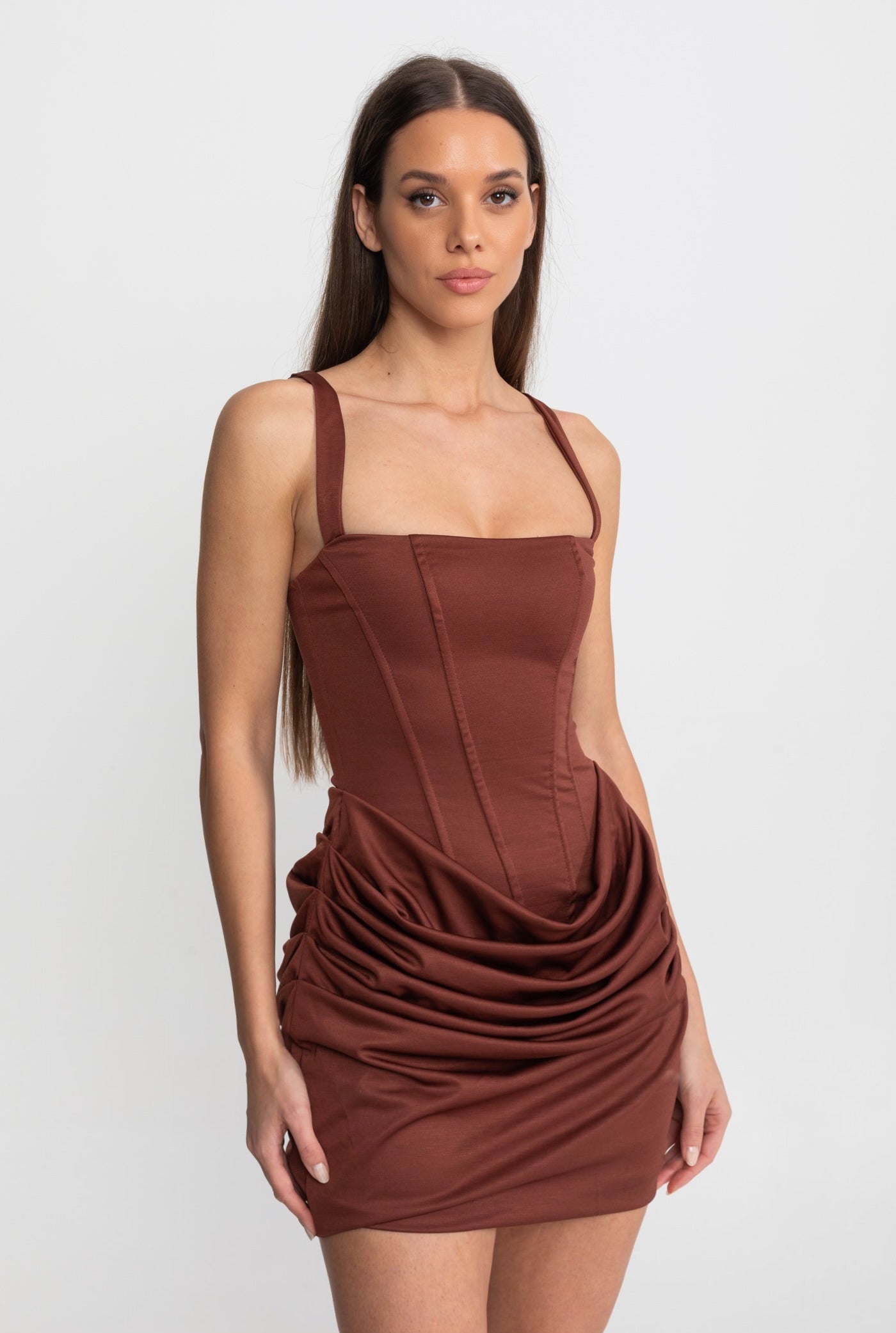 knee length dresses for ladies Tinosa Corset Dress in Ruffle Sequin Brown main image 1
