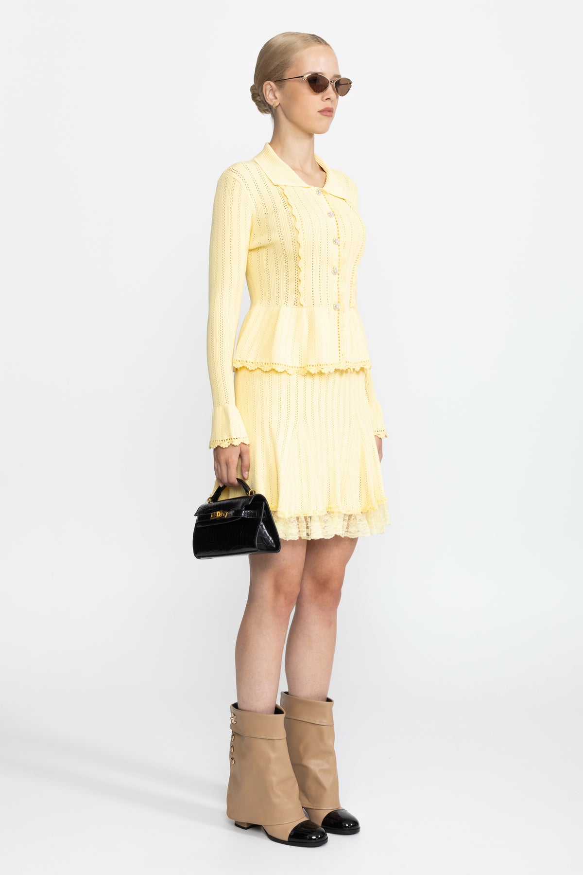 Pointelle Knit Peplum Cardigan and Lace Hem Skirt Co-ord Set - Yellow