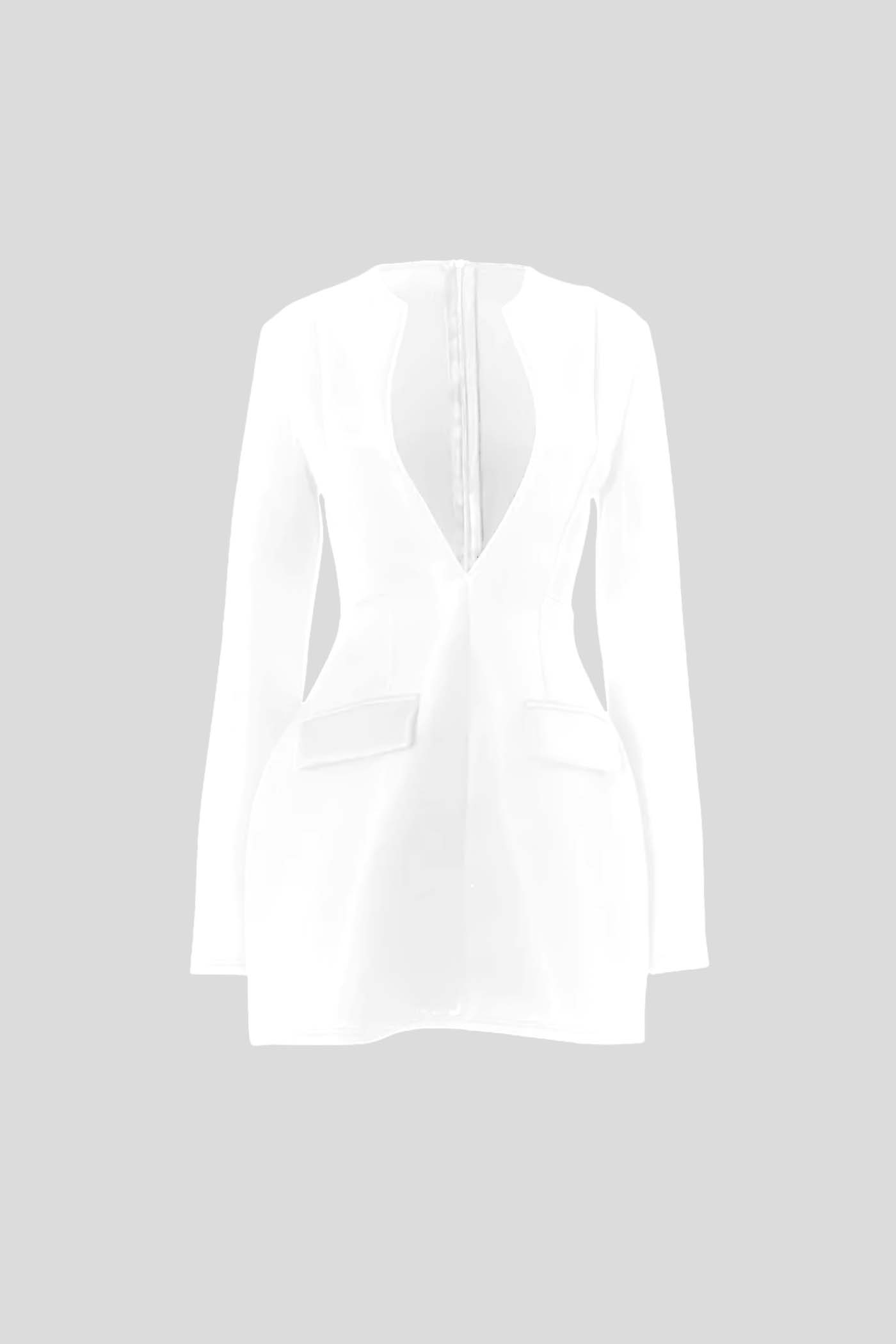Long Sleeved Blazer Dress With Deep V-Neckline - White
