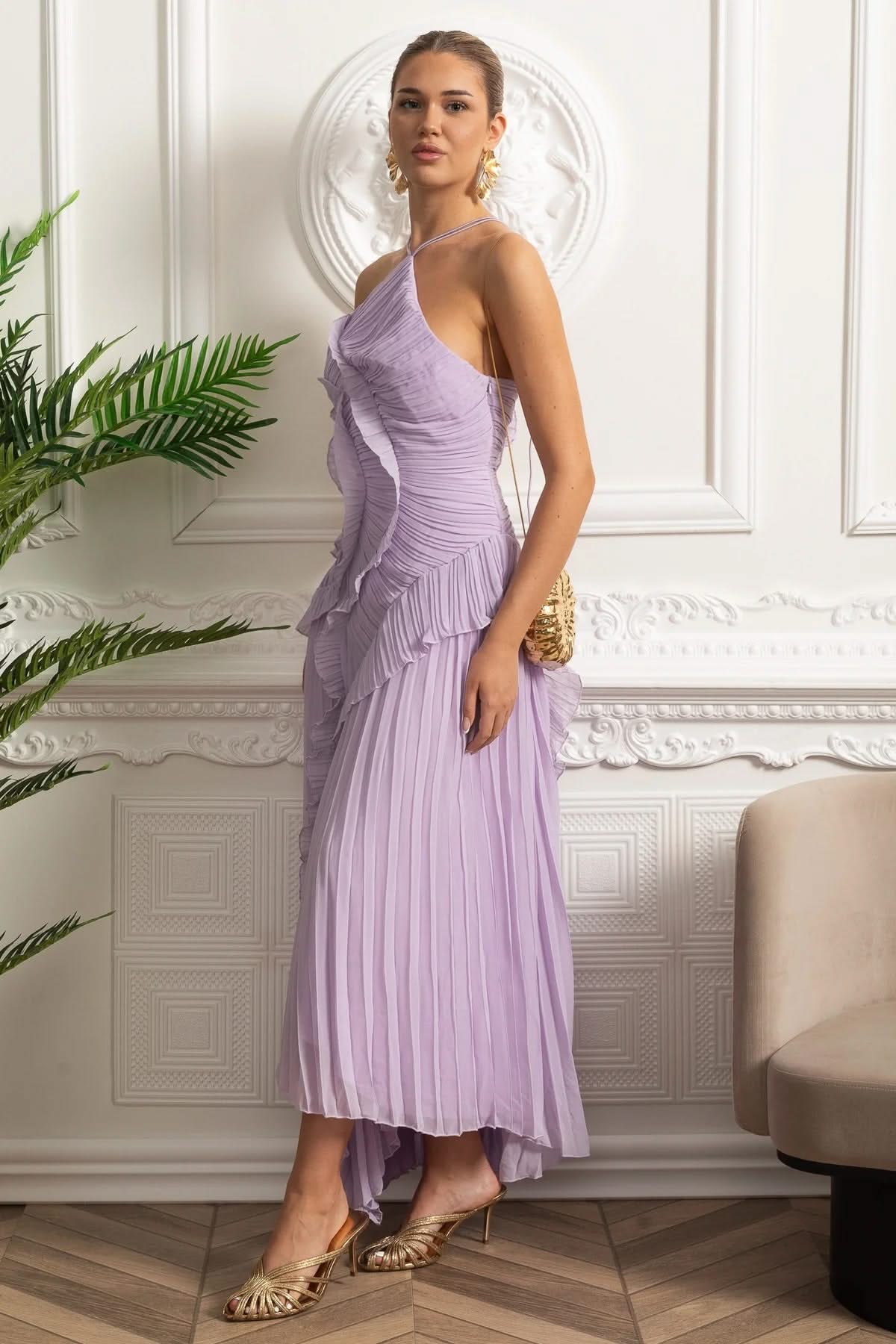 Pleated Halter Midi Dress With Cascading Ruffle Details - Lavender