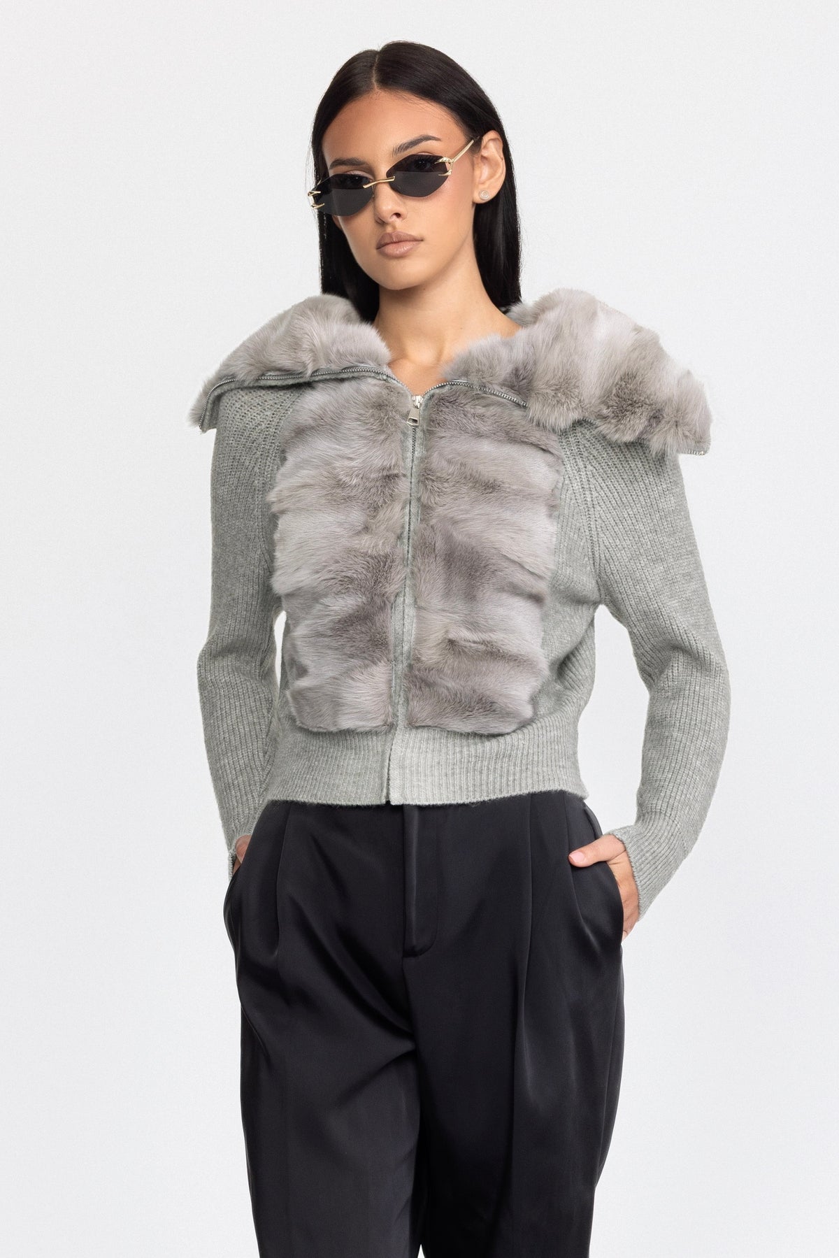 Rabbit Fur Panel Knit Zip Cardigan - Grey