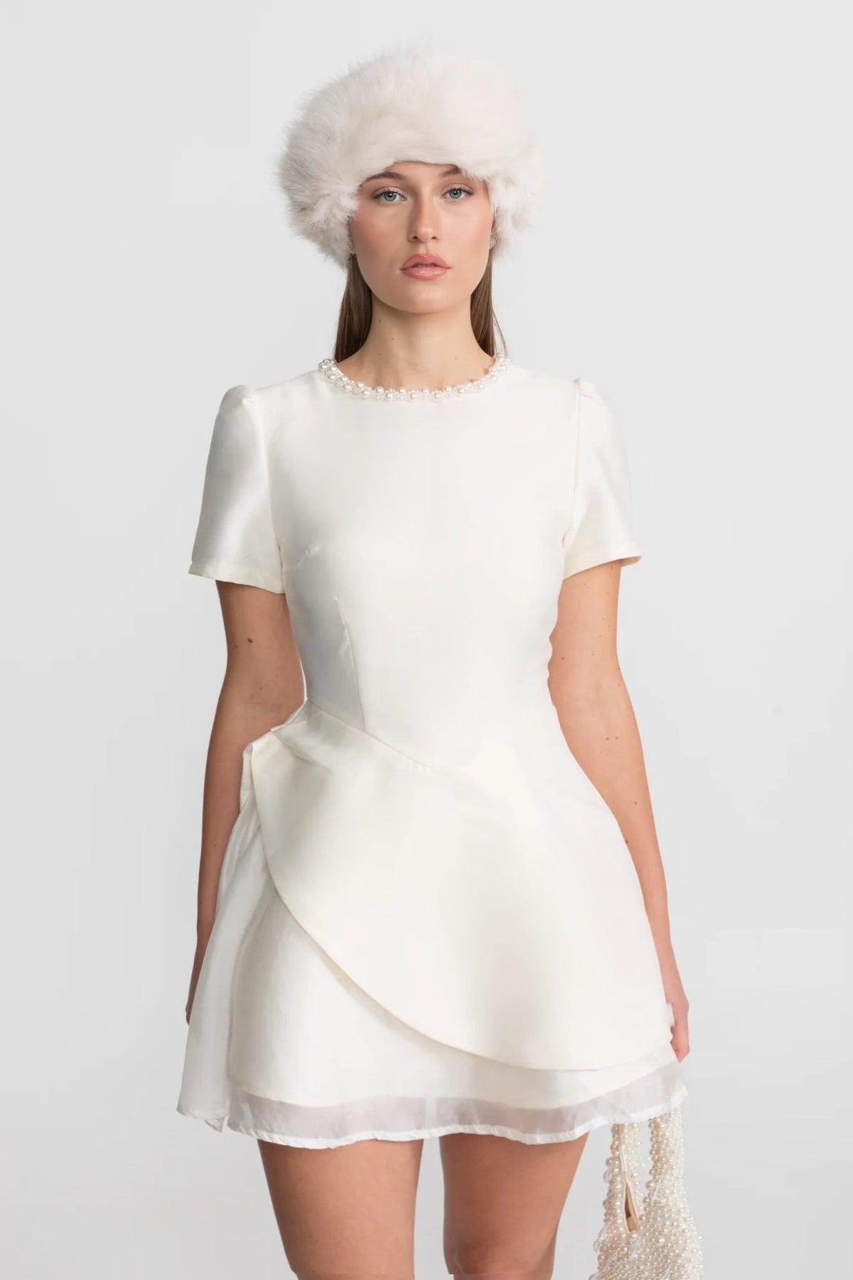 Pearl-Trim Satin Mini Dress - Ivoire