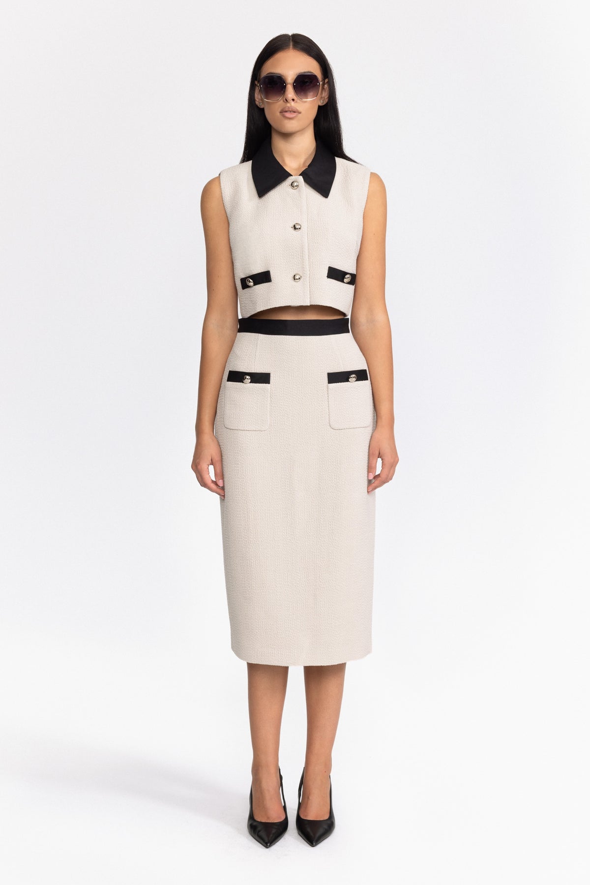 Contrast Collar Tweed Crop Top and Midi Skirt Set - Off-White