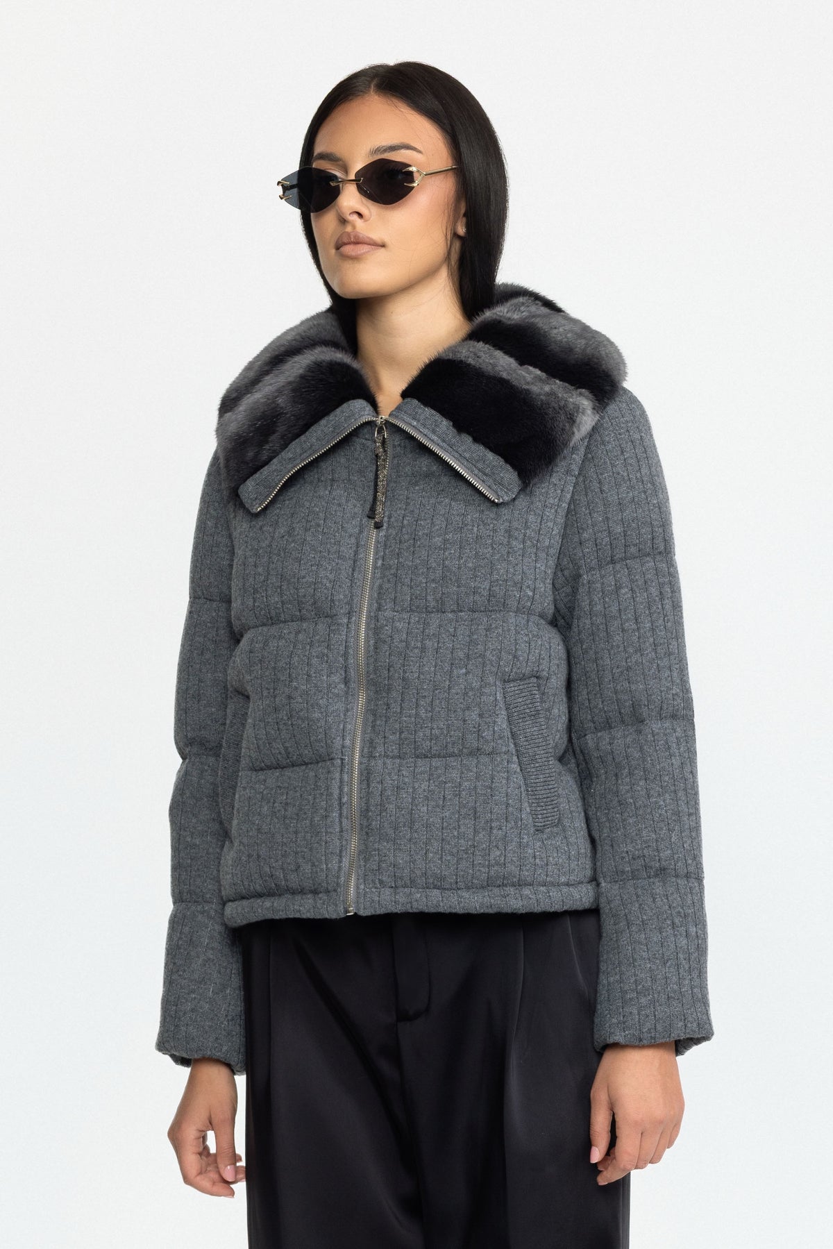 Mink Collar Knit Down Jacket - Grey