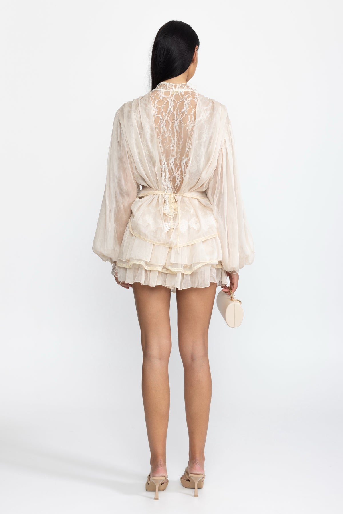 Lace Inset Chiffon Wrap Blouse and Ruffle Mini Skirt Co-ord Set - Beige