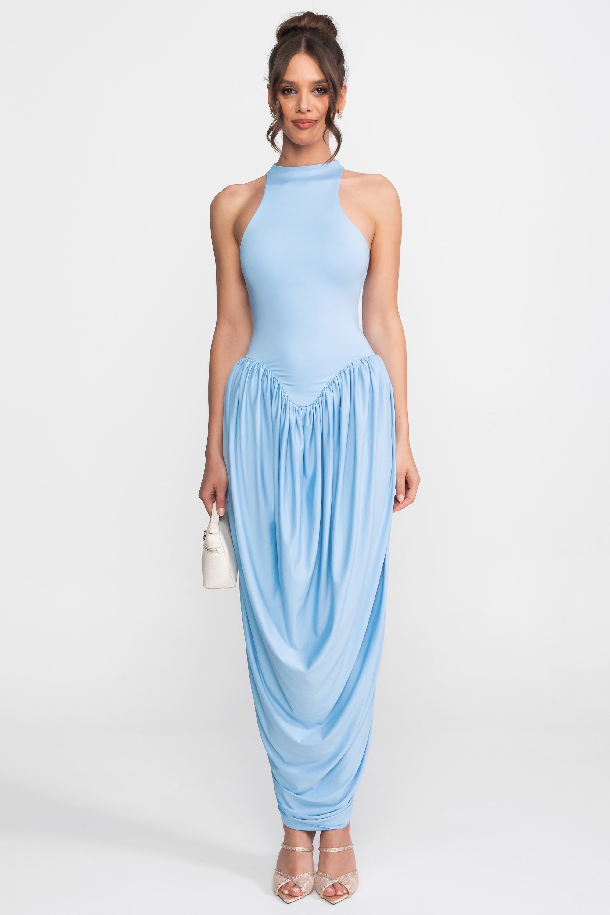 Halter-Neck Maxi Dress With Gathered Balloon Skirt - Light Blue, XS