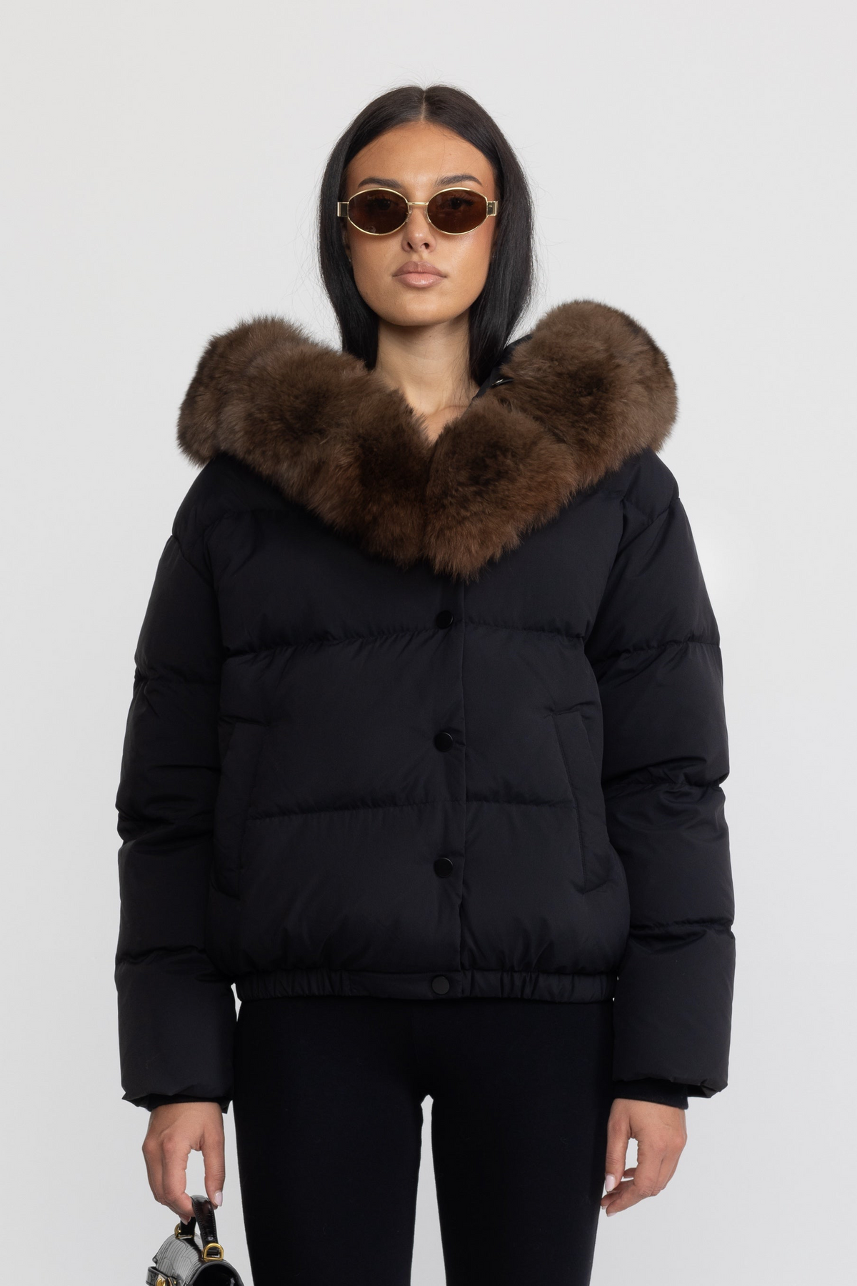 Fox Fur Hood Cropped Down Puffer Jacket - Black