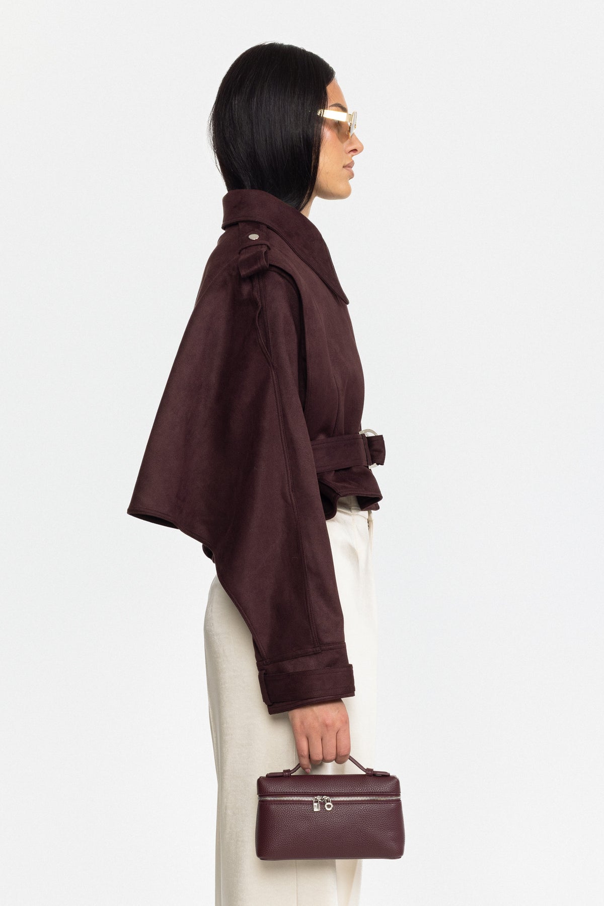Suede Belted Cape Jacket - Burgundy