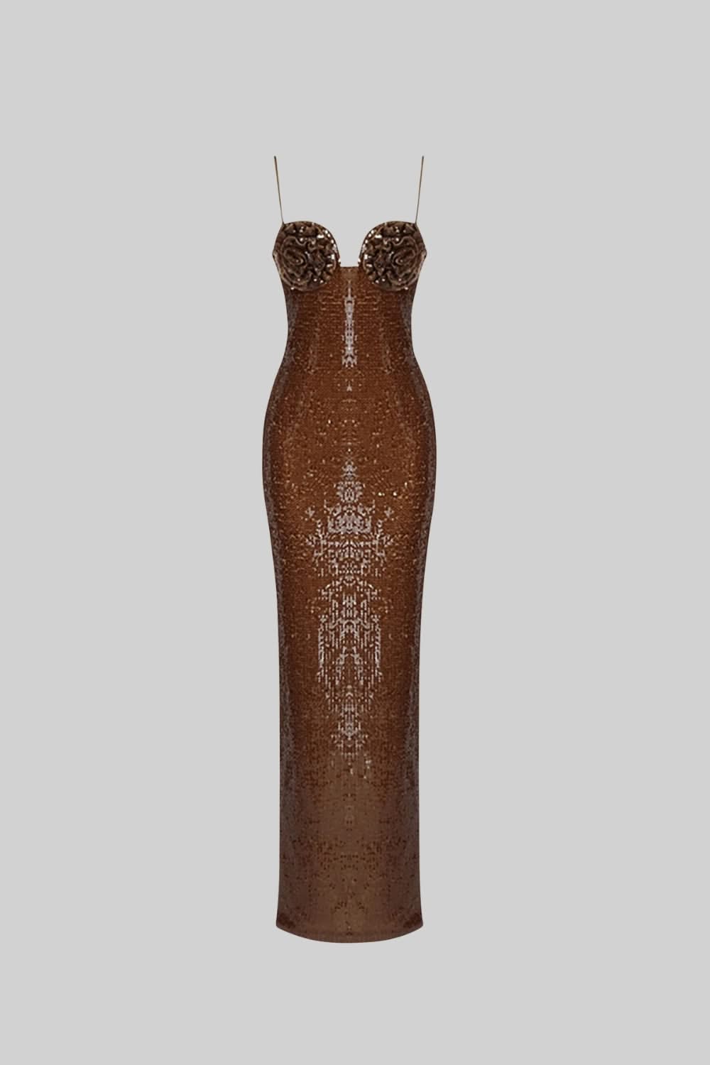 Sequins Maxi Dress with Flower details - Brown