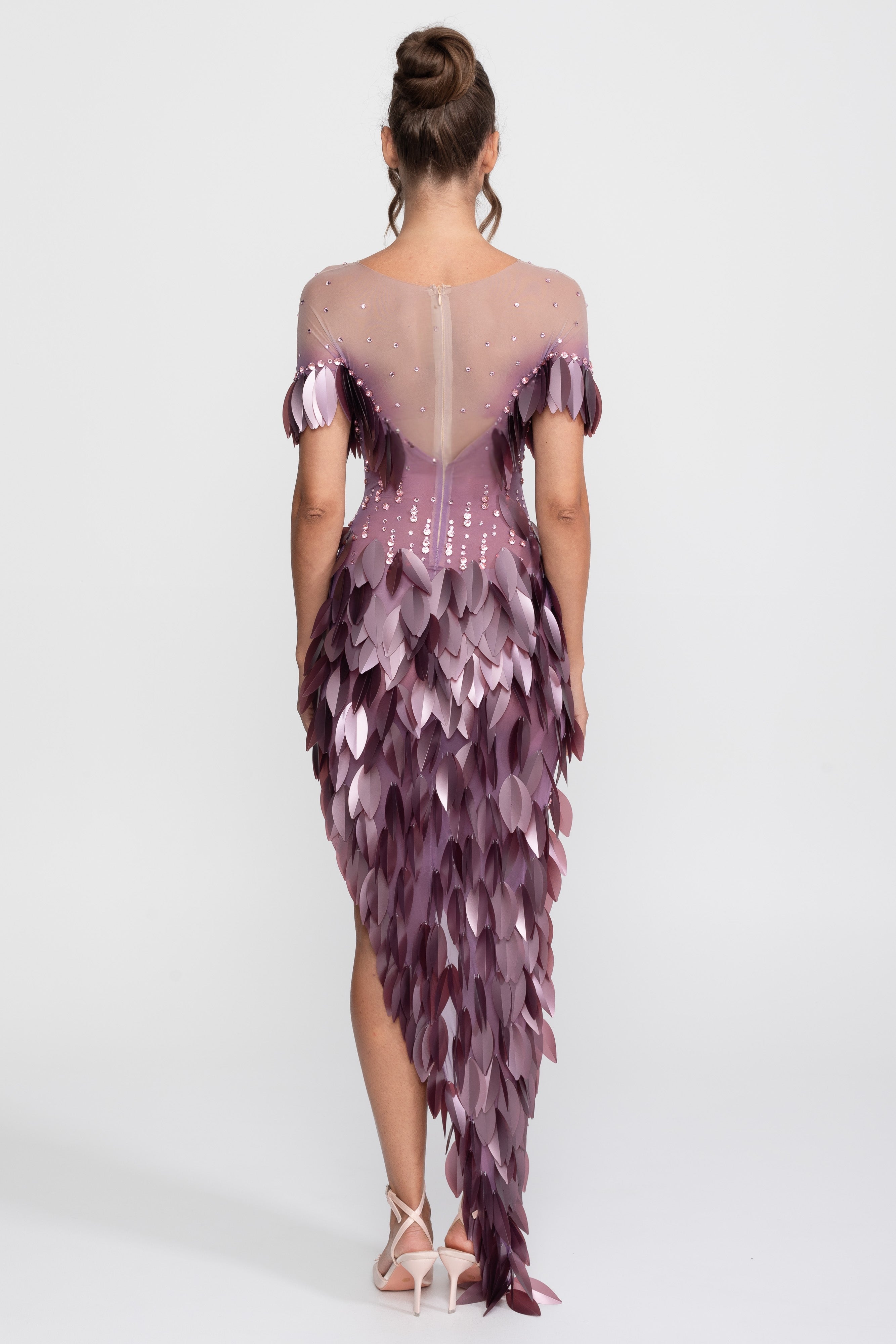 3D Petal Beaded Slit Dress With Short Sleeves - Purple