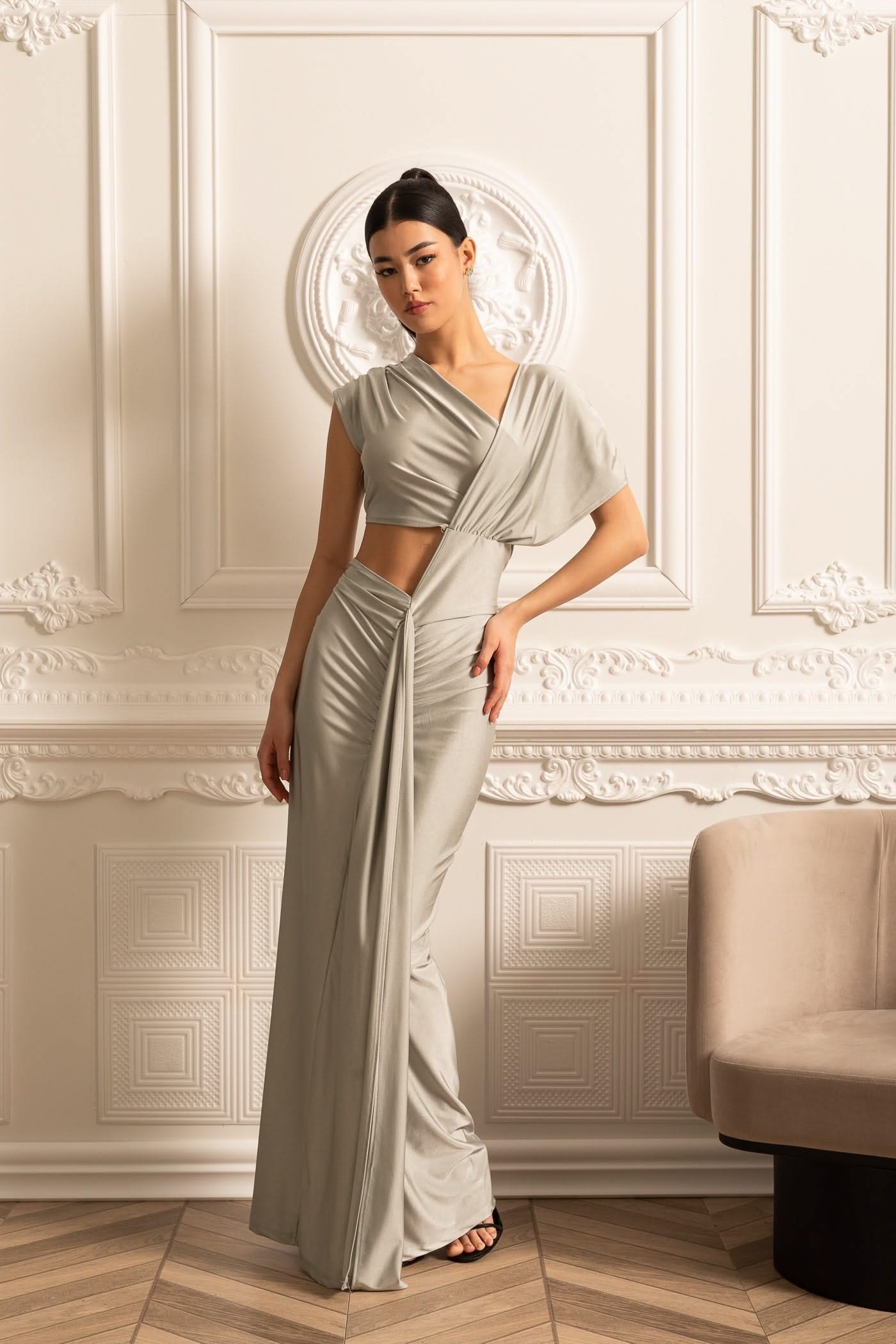Sophisticated Draped Dress With Front Slit And Side Cut-Out - Silver