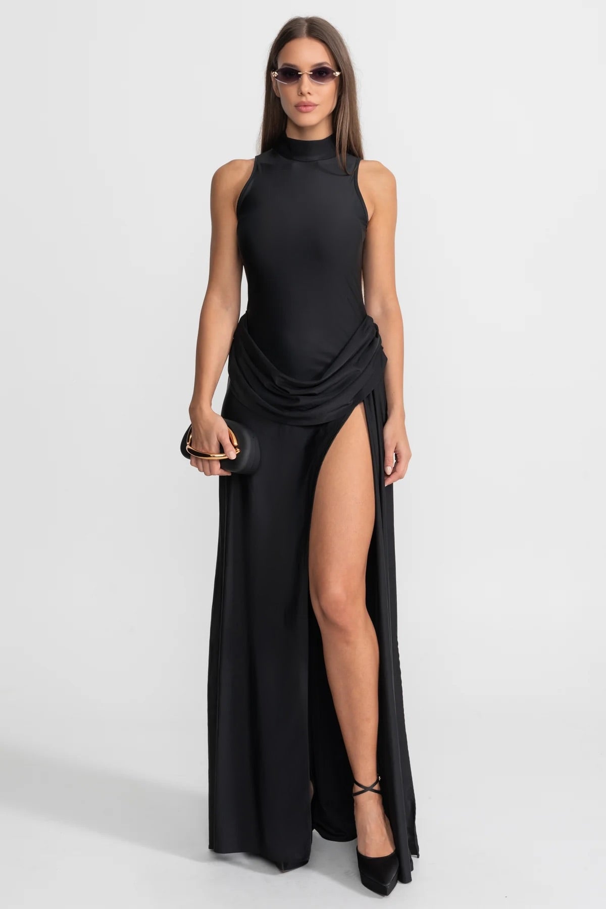 Sleeveless Maxi Dress with Draped Waist and Side Slit