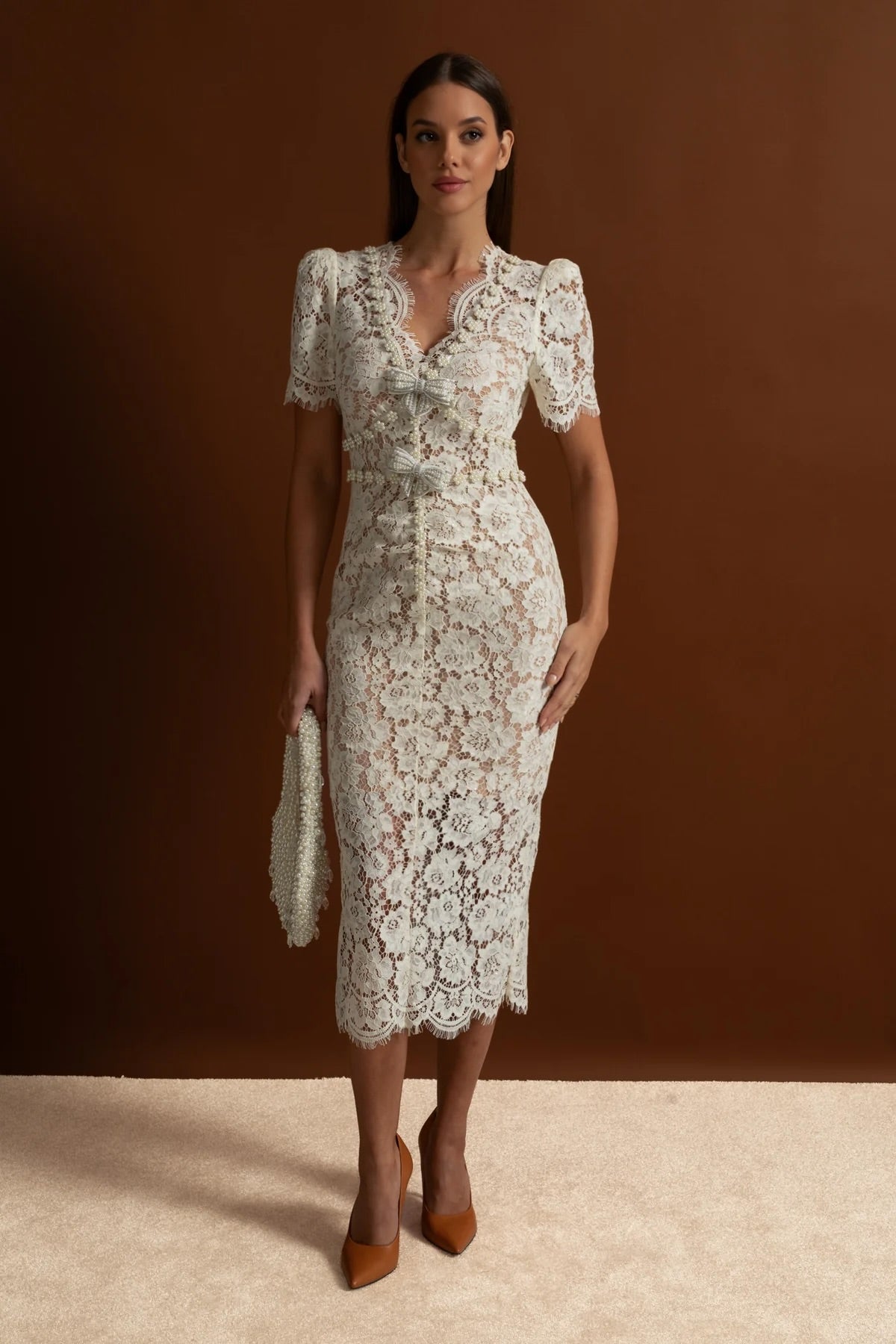 Embellished Lace Midi Dress With Bow Detailing – Ivoire