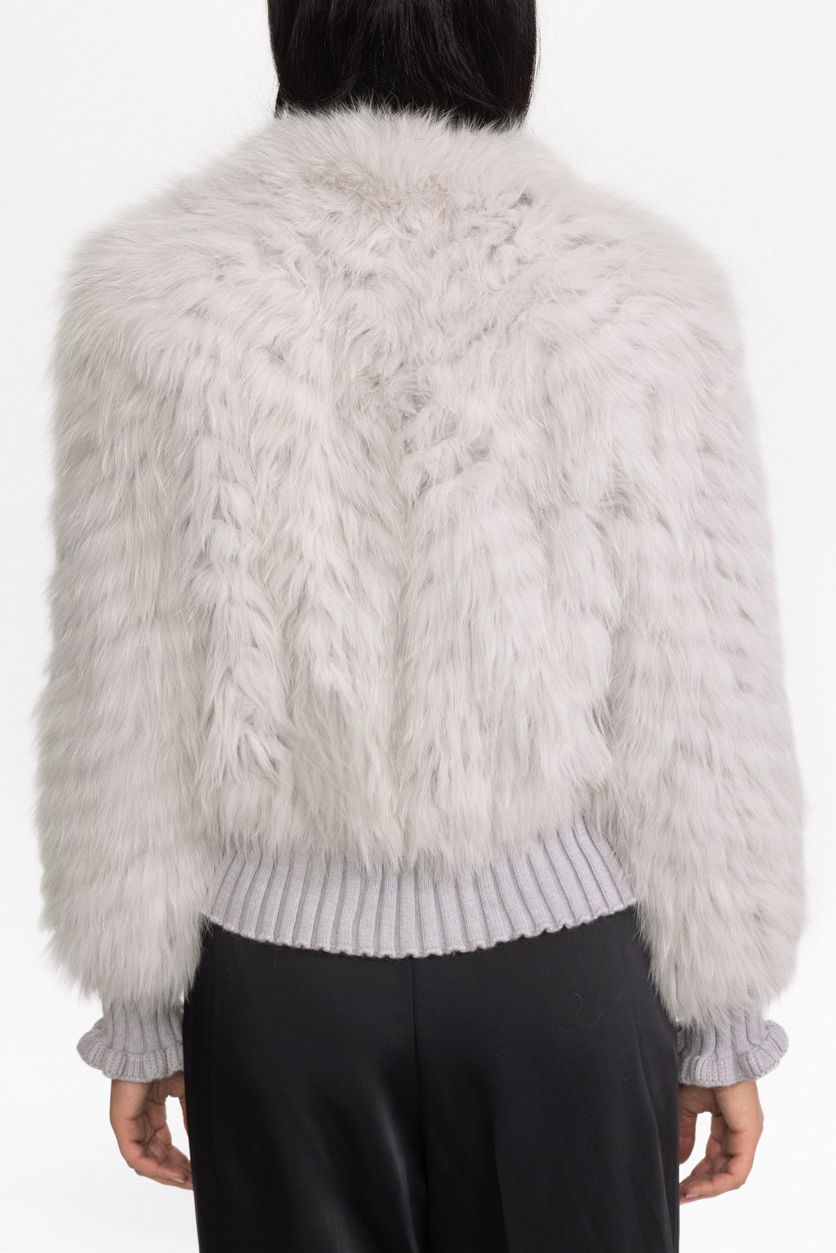 Knitted Fox Fur Bomber Jacket with Tie Neck - Grey
