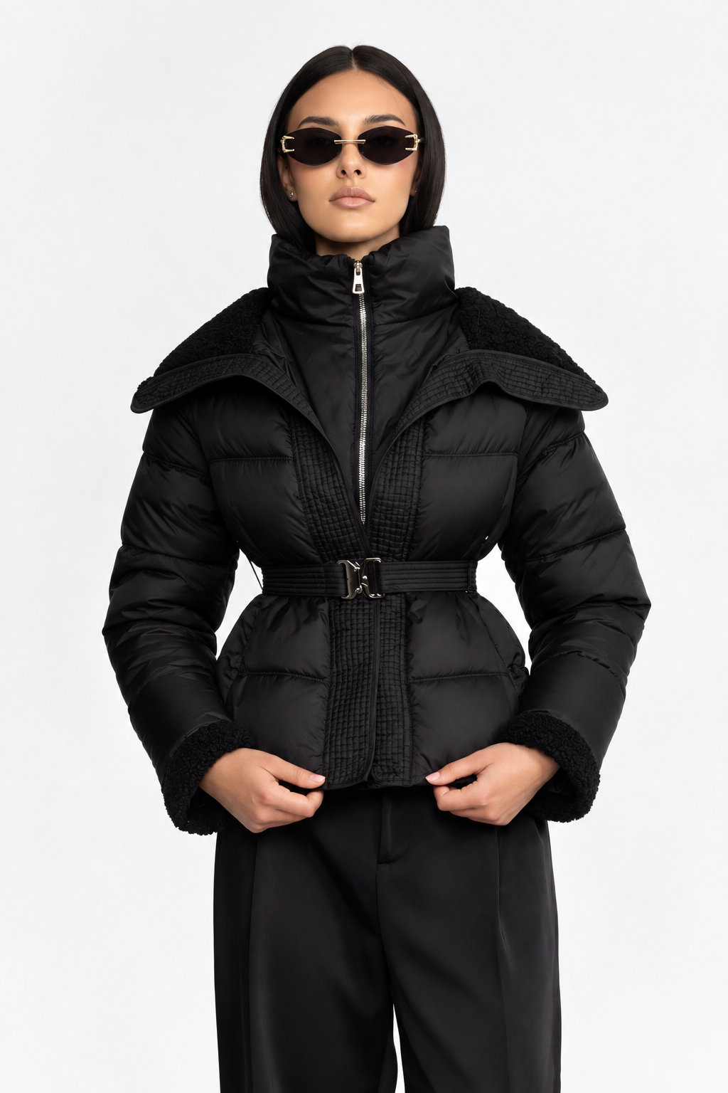 Belted Puffer Jacket with Teddy Collar - Black