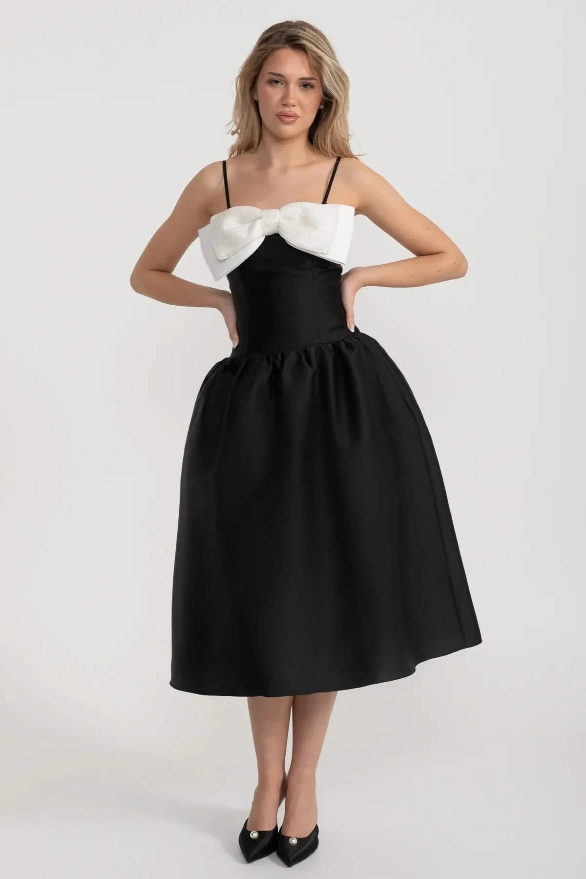 Fitted Sleeveless Mini Dress With Prominent Large White Bow - Black