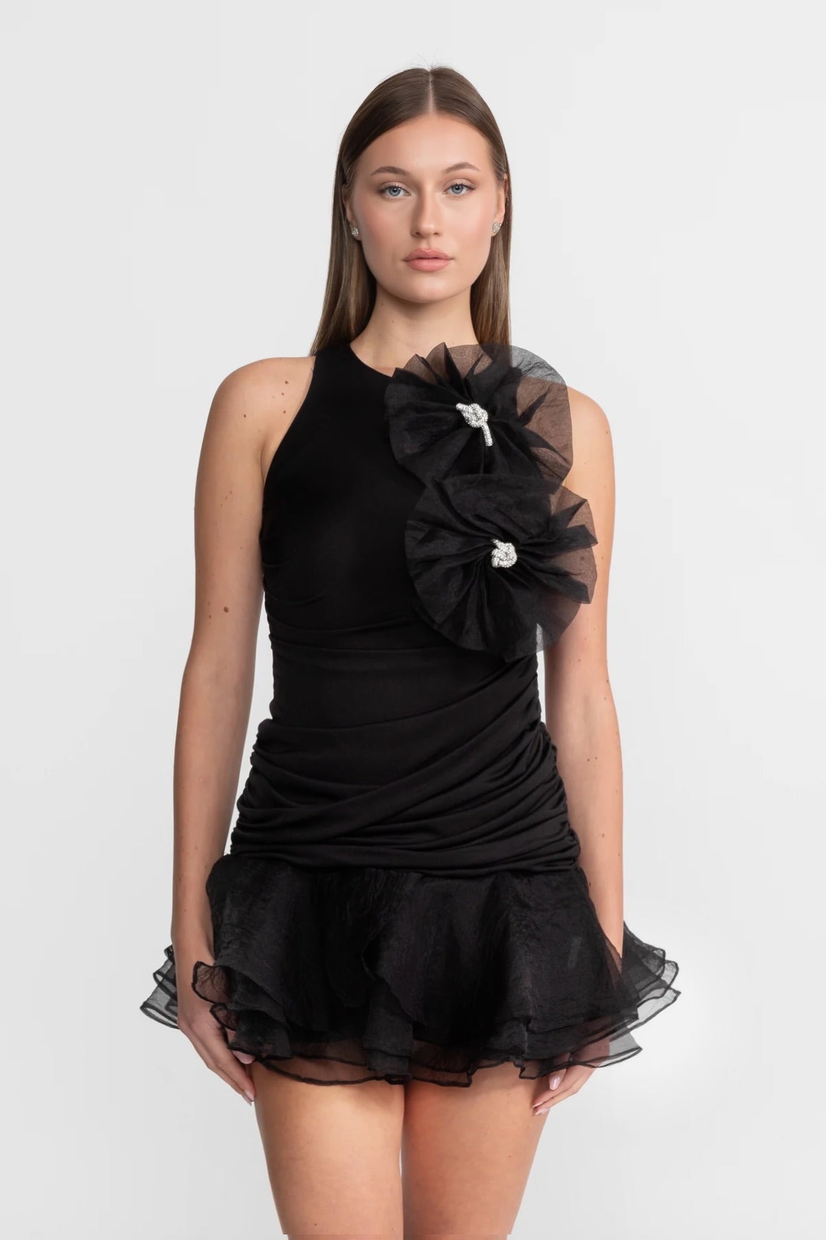 Ruffled Mini Dress with Tulle Appliqué – Black, L