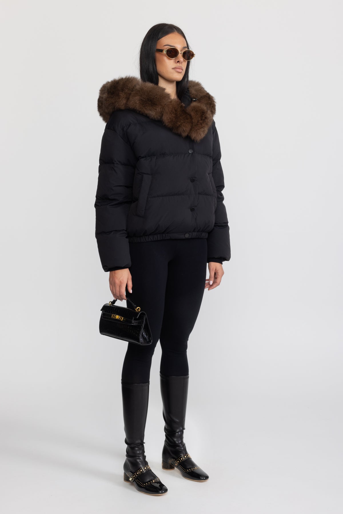 Fox Fur Hood Cropped Down Puffer Jacket - Black