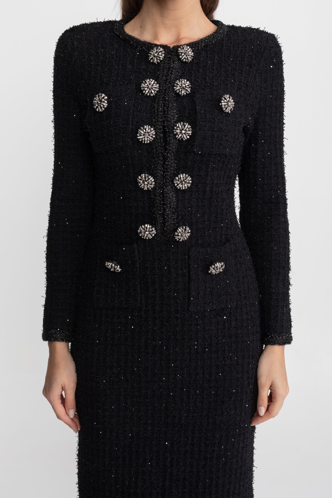 Textured Tweed Midi Dress with Crystal Button Detail – Black