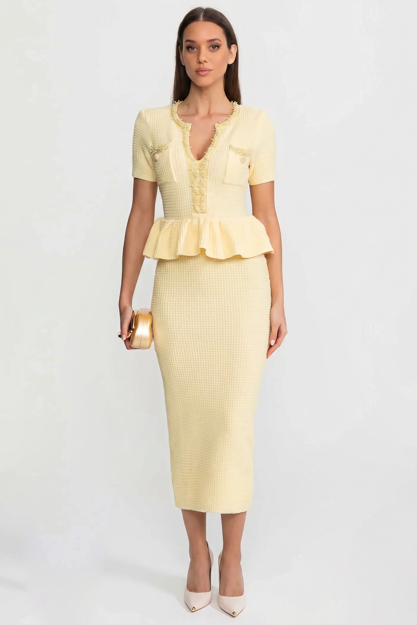 Textured Knit Midi Dress with Peplum Waist Detail – Yellow