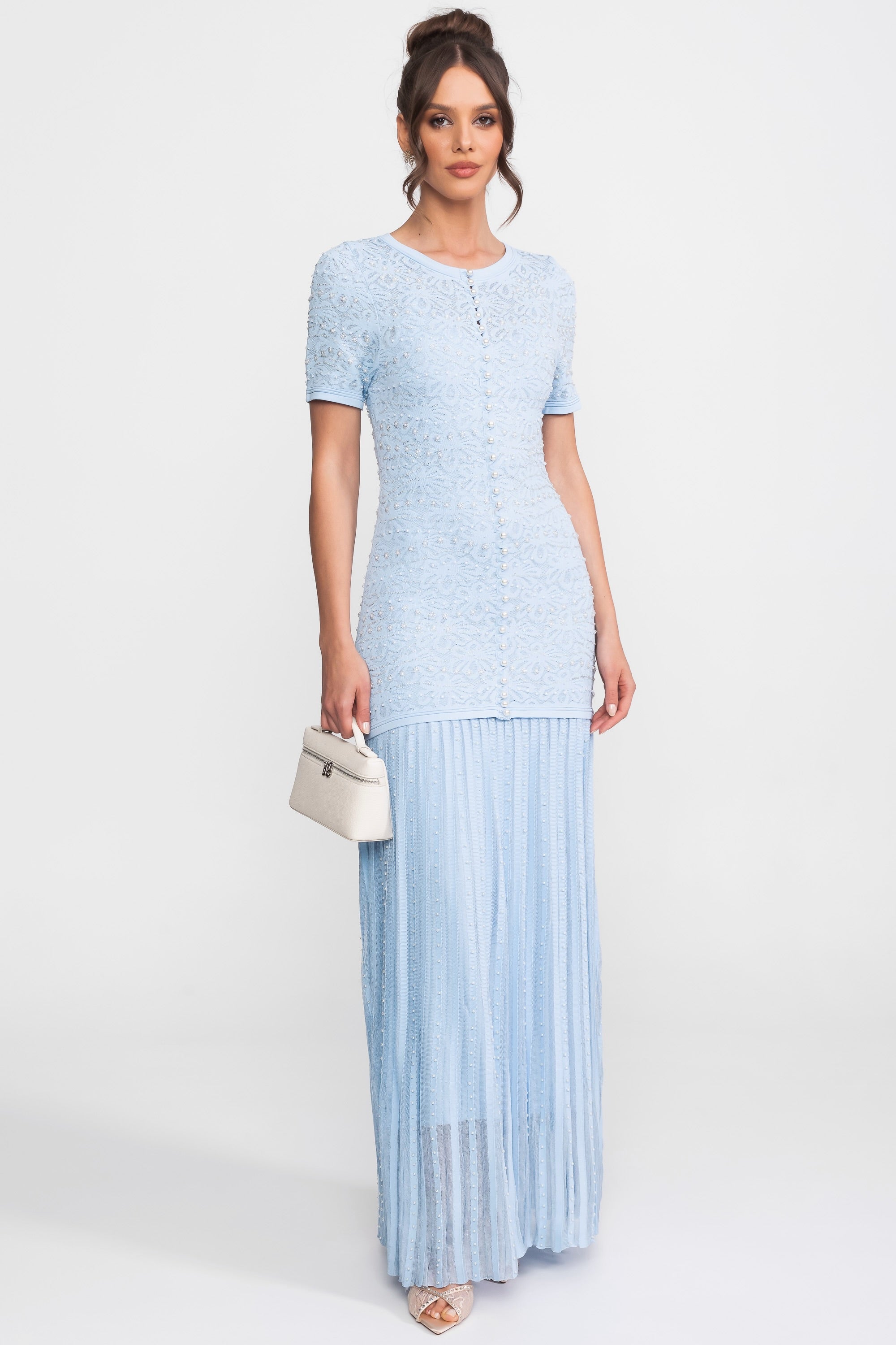 Short Sleeve Maxi Dress With Pearl Embellishments - Powder Blue