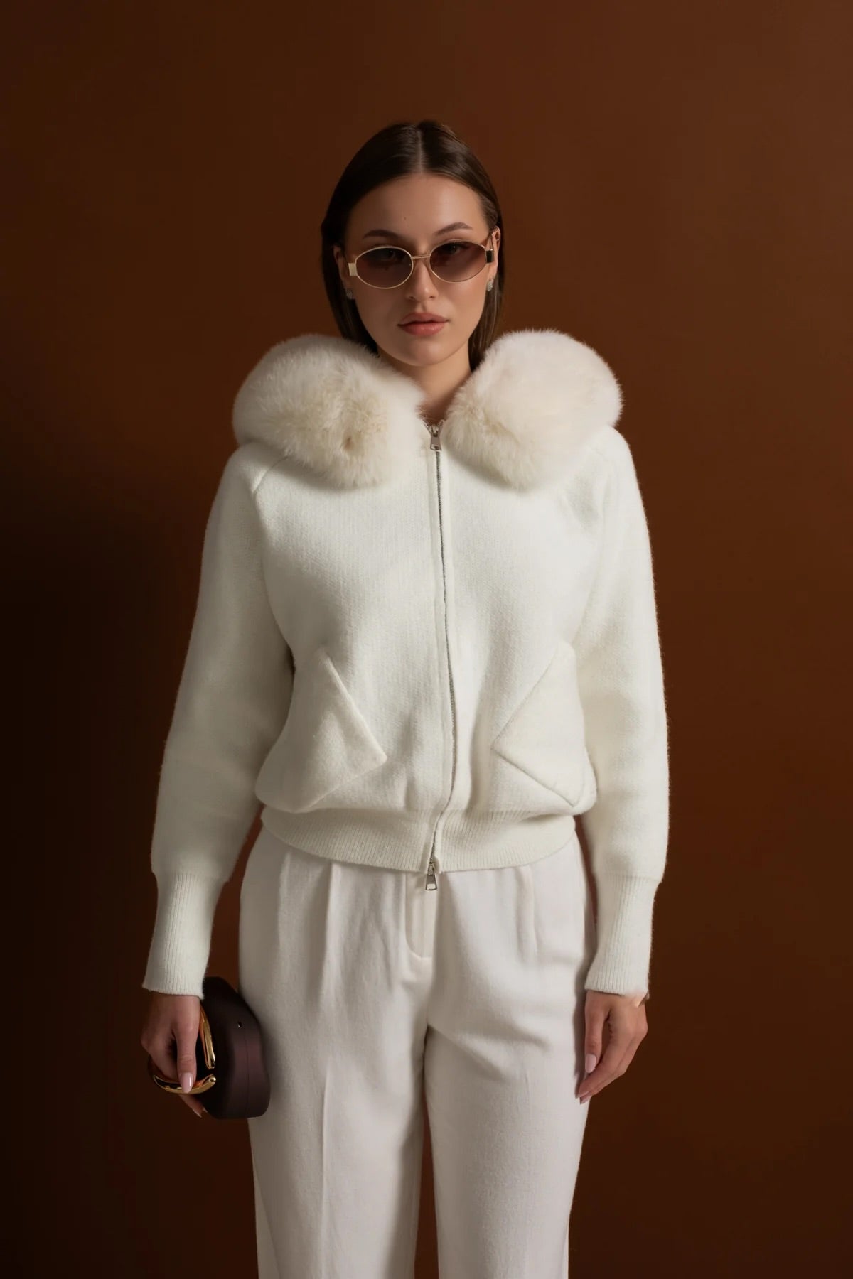 Zip-Up Wool Hoodie With Fox Fur Collar – White