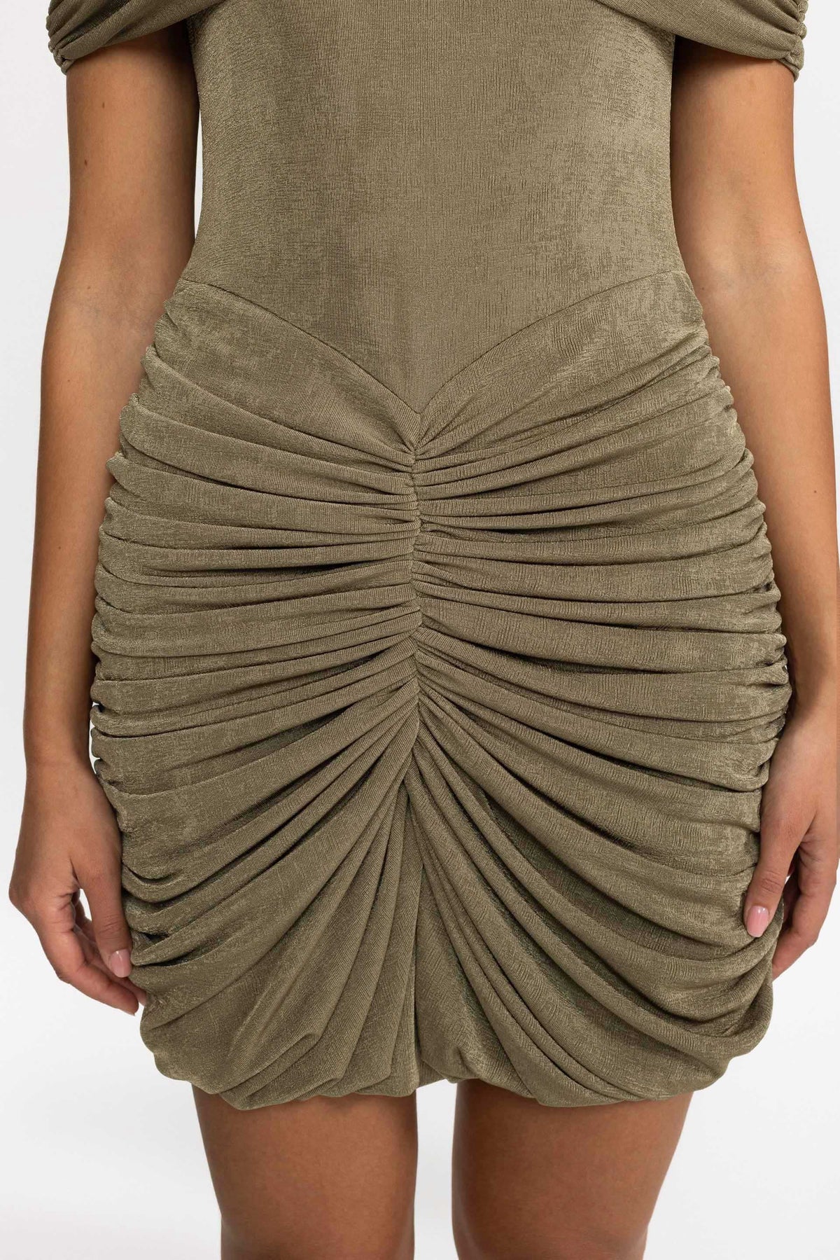 Draped Cape Ruched Mini Dress - Olive