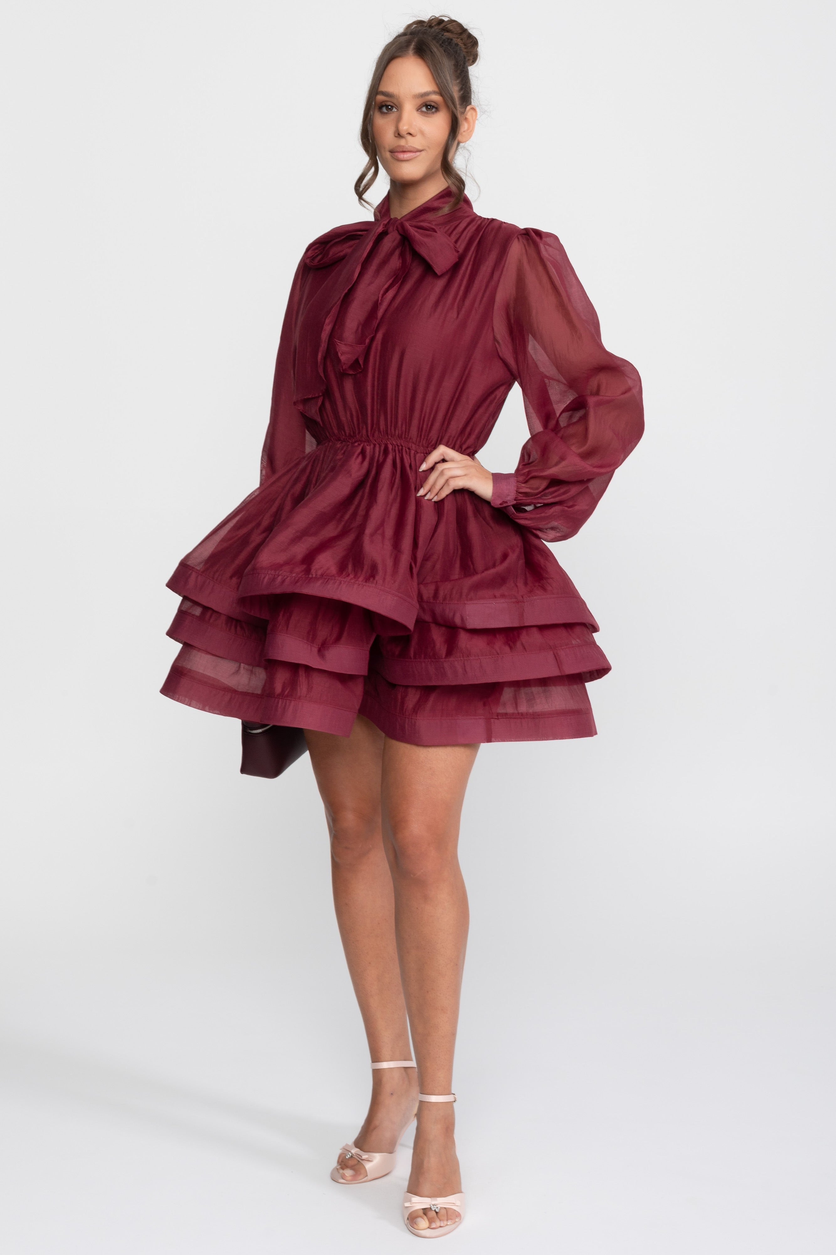 High-Neck Puff-Sleeve Mini Dress With Tiered Ruffle Skirt And Bow - Wine