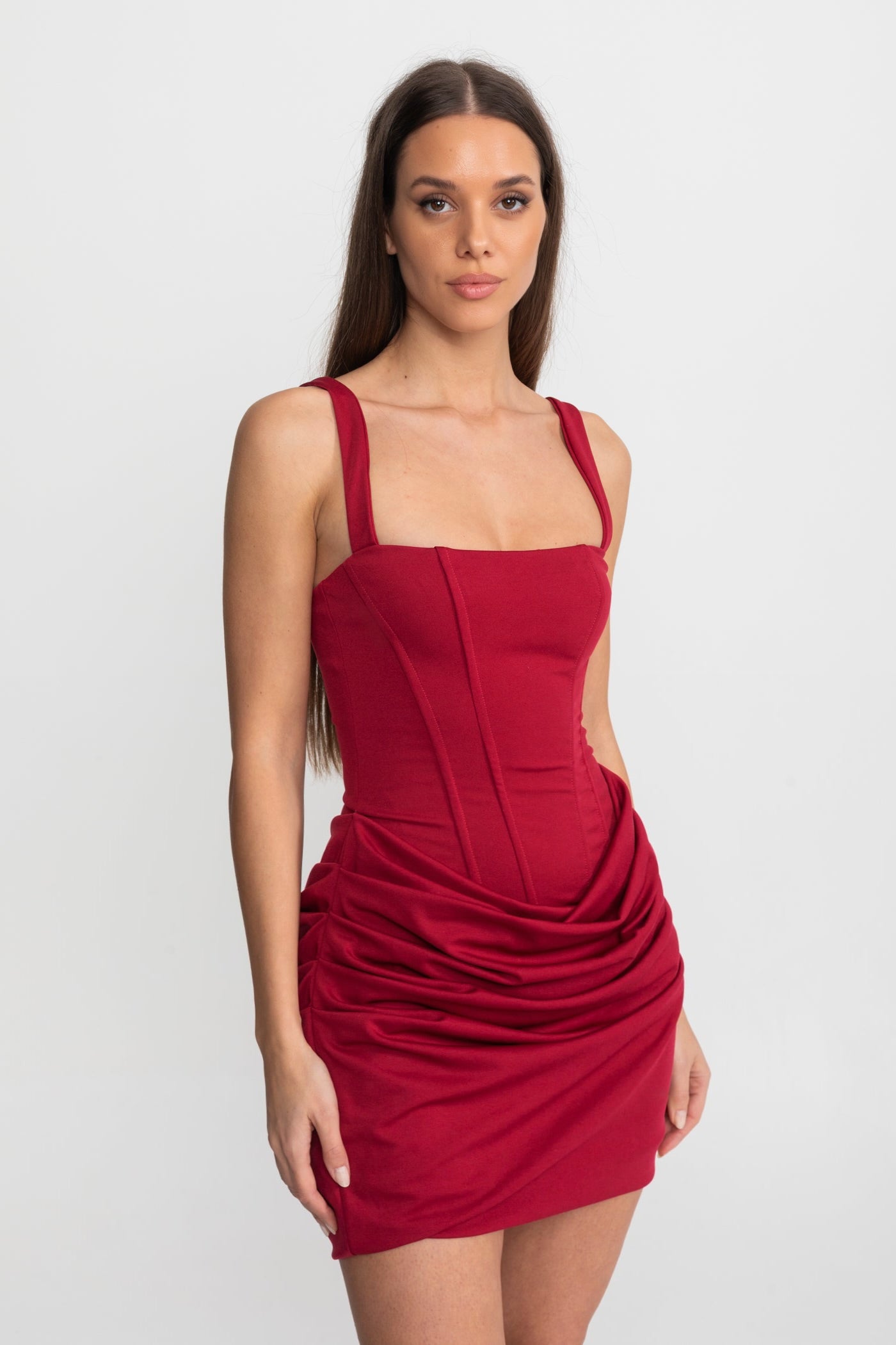 bust up structured suede midi dress in red Corset Mini Dress with Ruched Skirt Detail – Red, XS