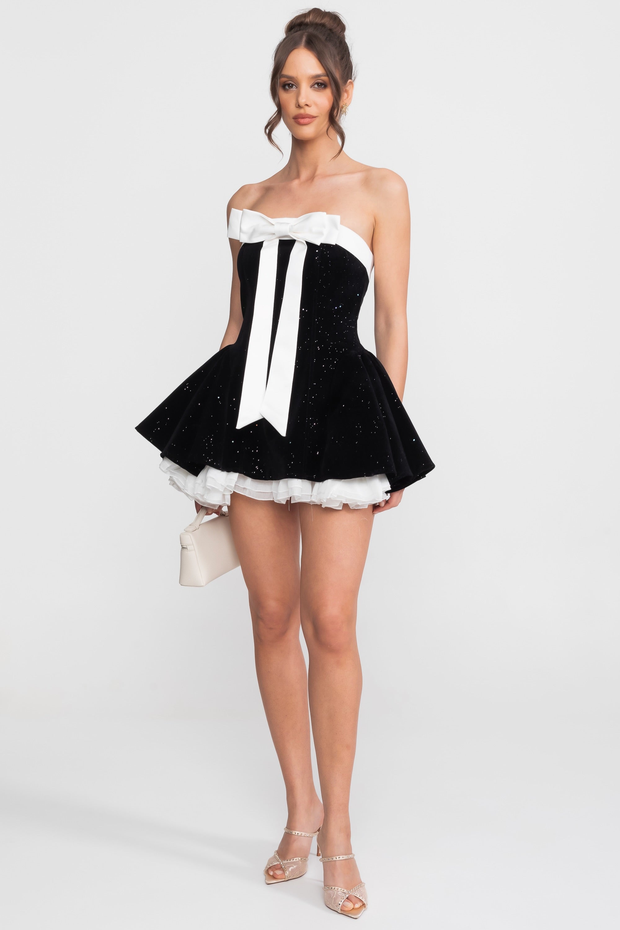 Strapless Velvet Mini Dress With Satin Bow And Ruffle Hem - Black