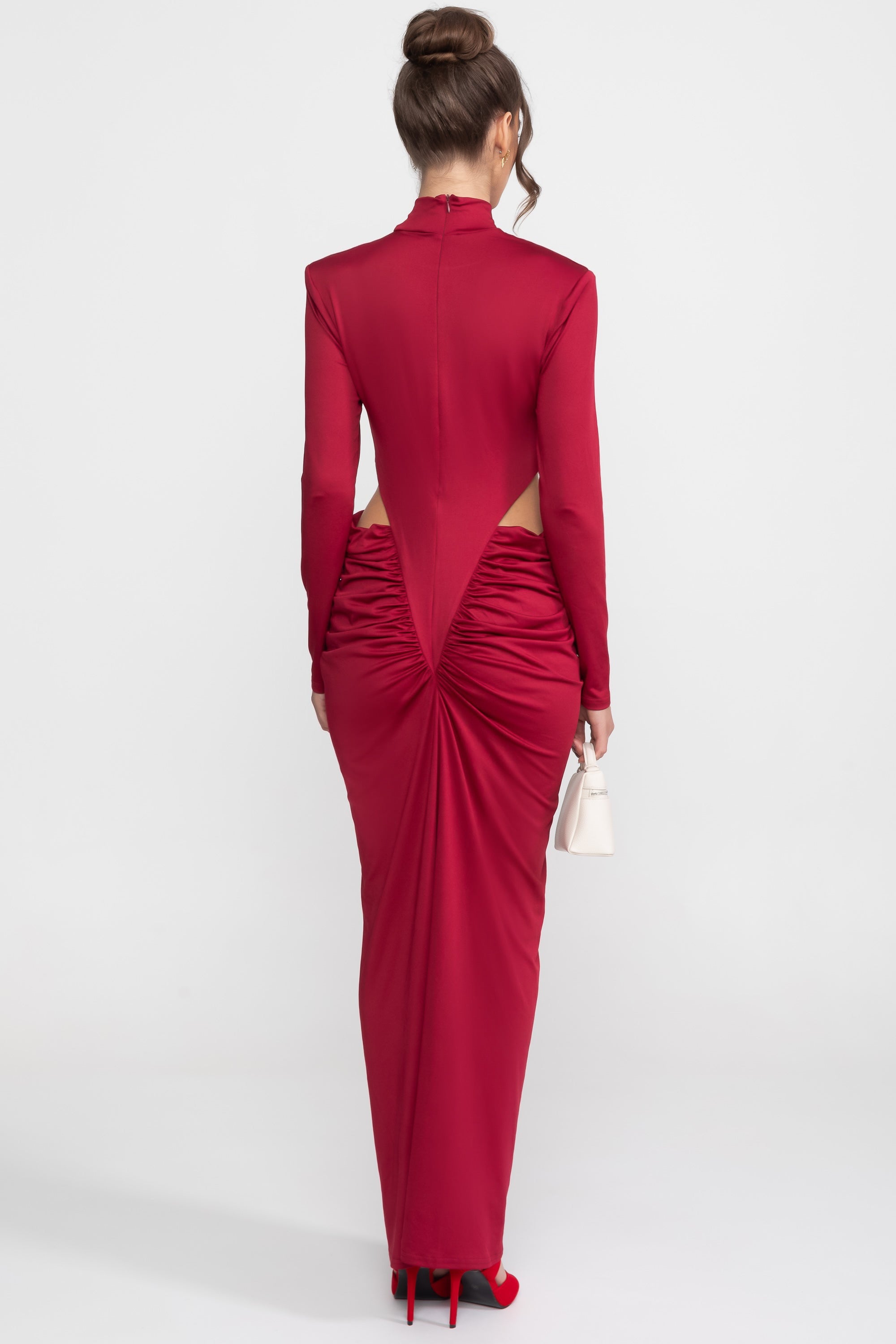 High Neck Maxi Dress With Long Sleeves And Waist Cut-Out Detail - Red