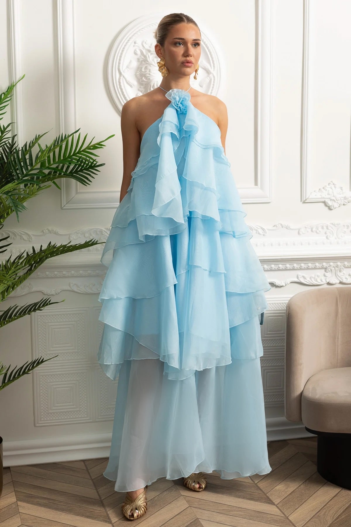 Halter Tiered Ruffle Maxi Dress - Sky Blue, XS Halter Tiered Ruffle Maxi Dress - Sky Blue, XS
