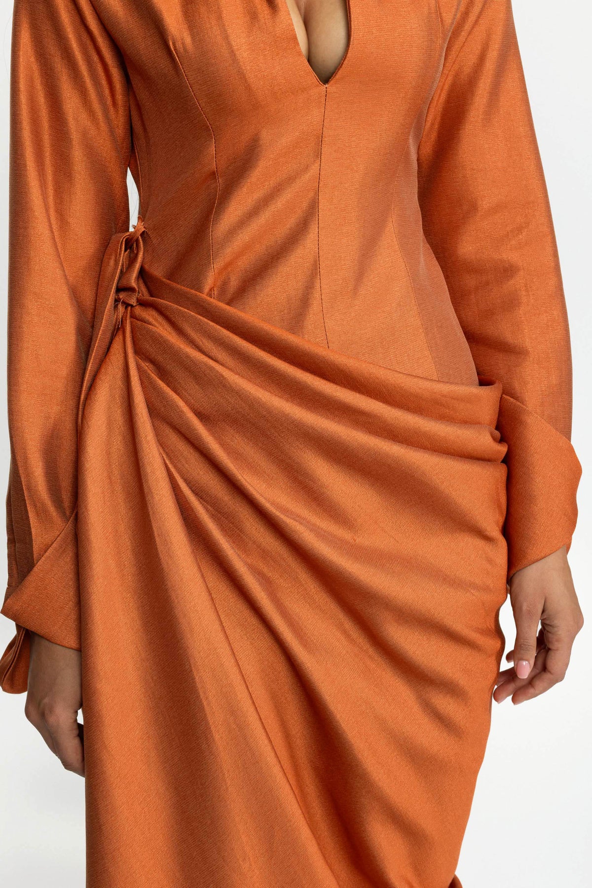 Plunge Collar Draped Wrap Maxi Dress - Burnt Orange