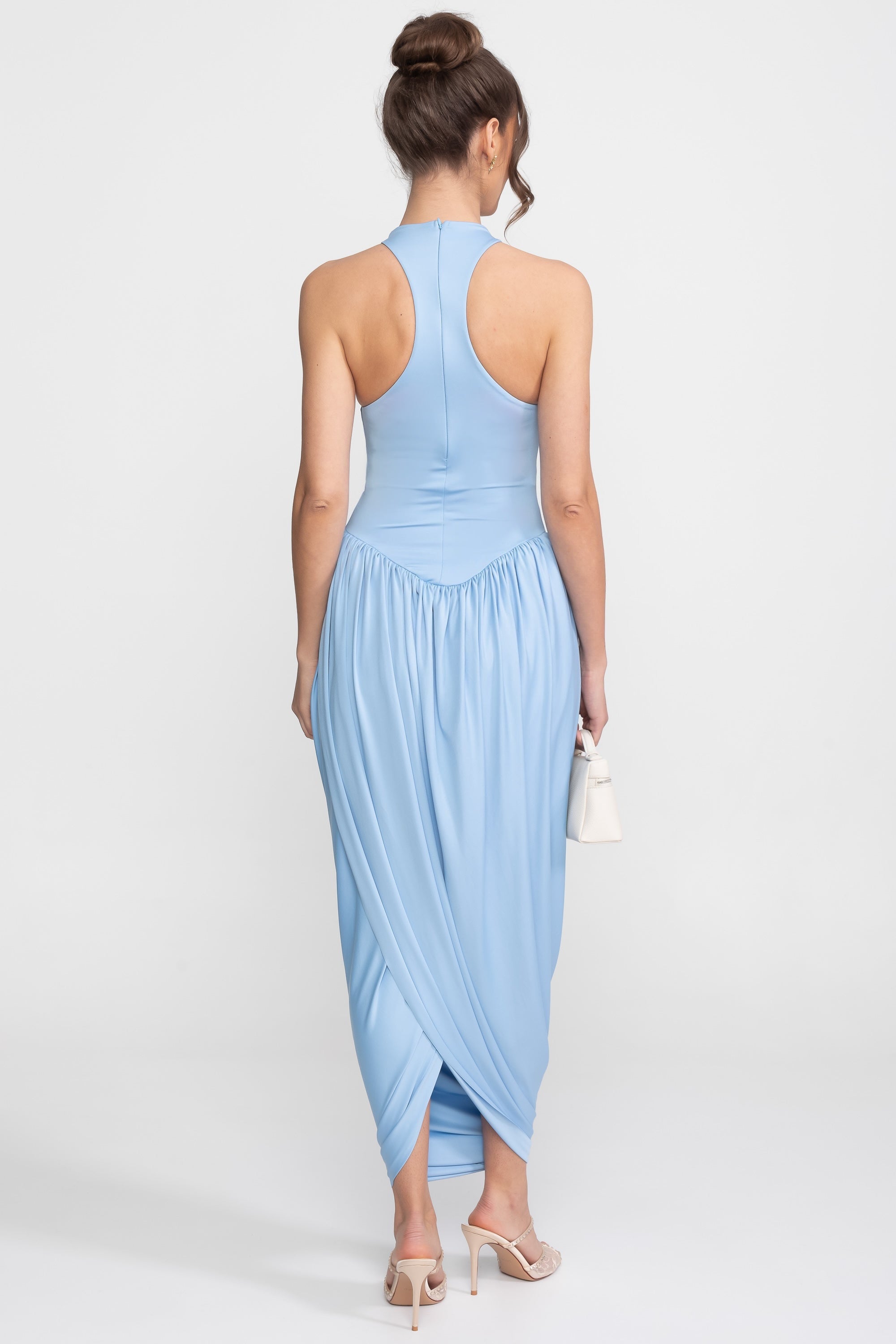 Halter-Neck Maxi Dress With Gathered Balloon Skirt - Light Blue