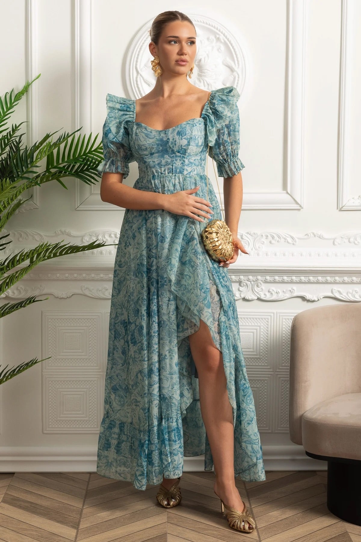 blue floral dress with puff sleeves Printed Maxi Dress With Puff Sleeves And Front Slit