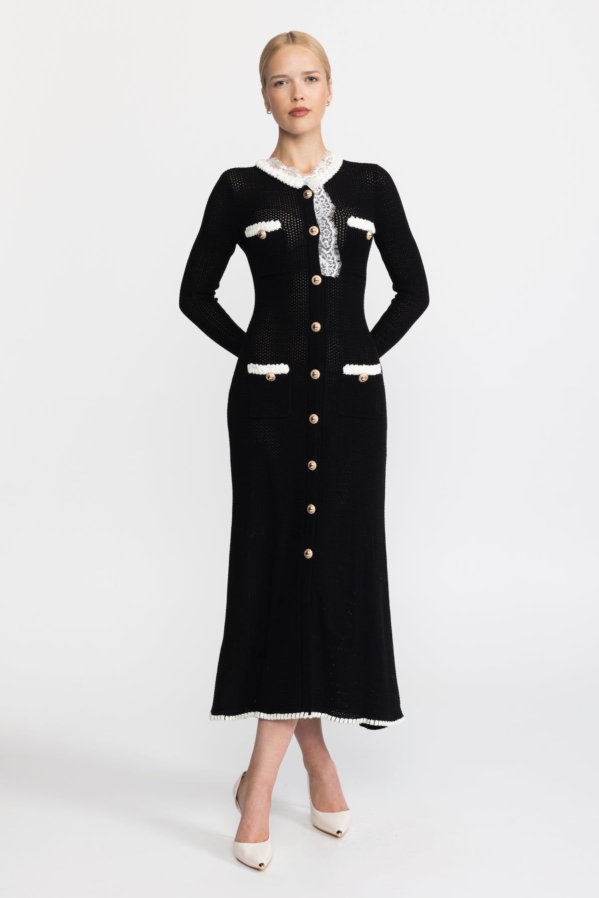 Lace Trim Pointelle Knit Button-Front Midi Dress - Black