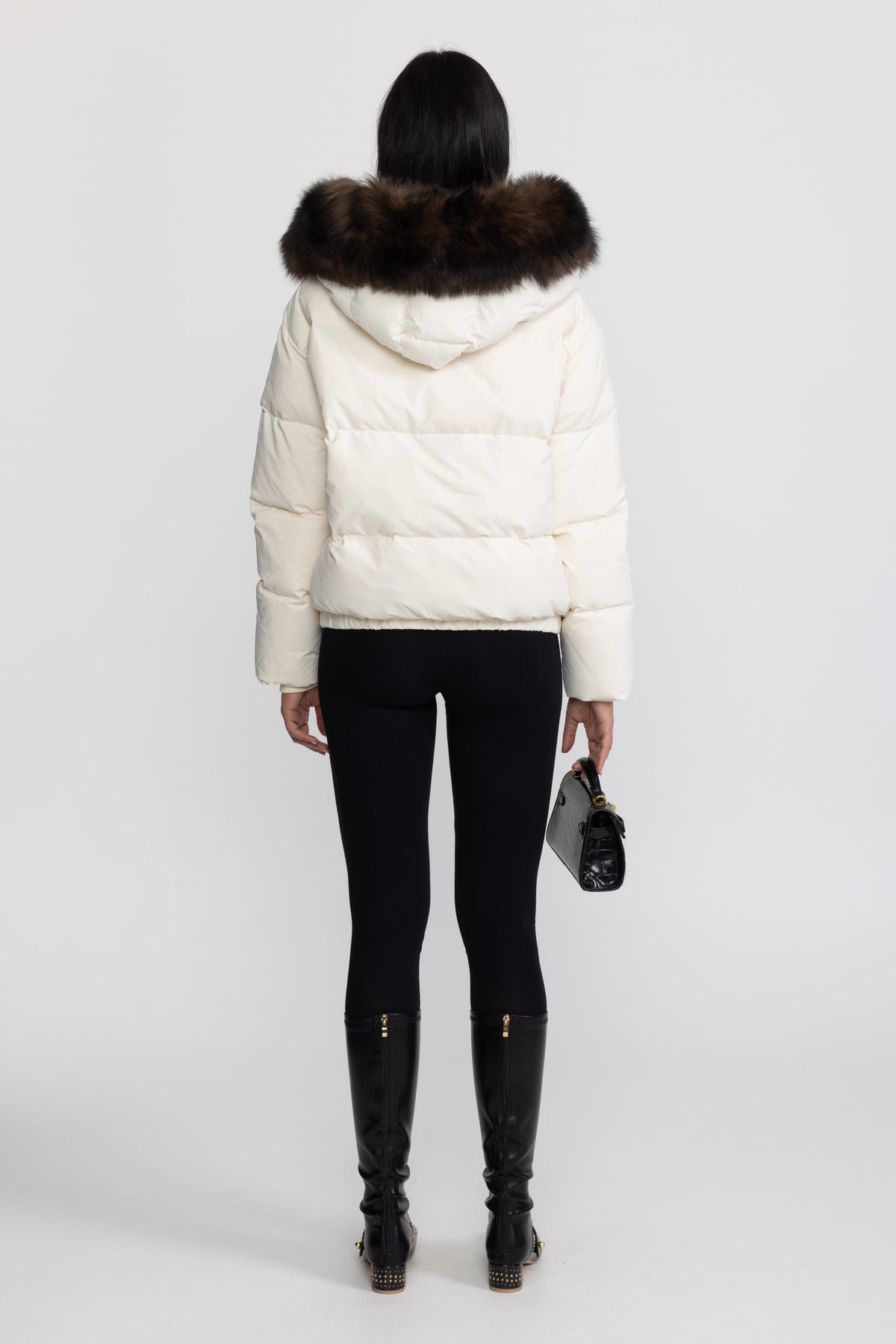 Fox Fur Hood Cropped Down Puffer Jacket - Ivoire