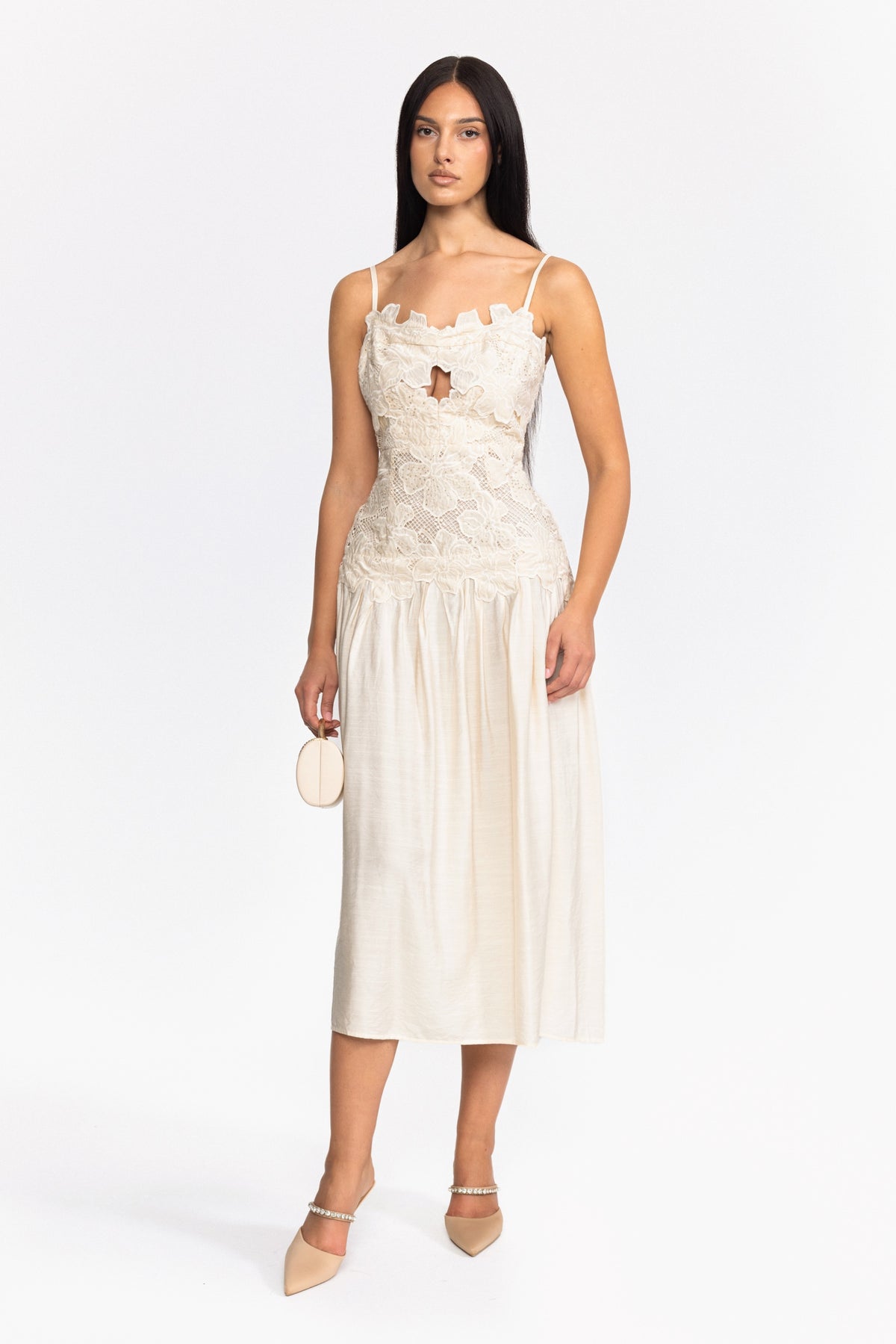 Floral Appliqué Drop Waist Midi Dress - Off-White