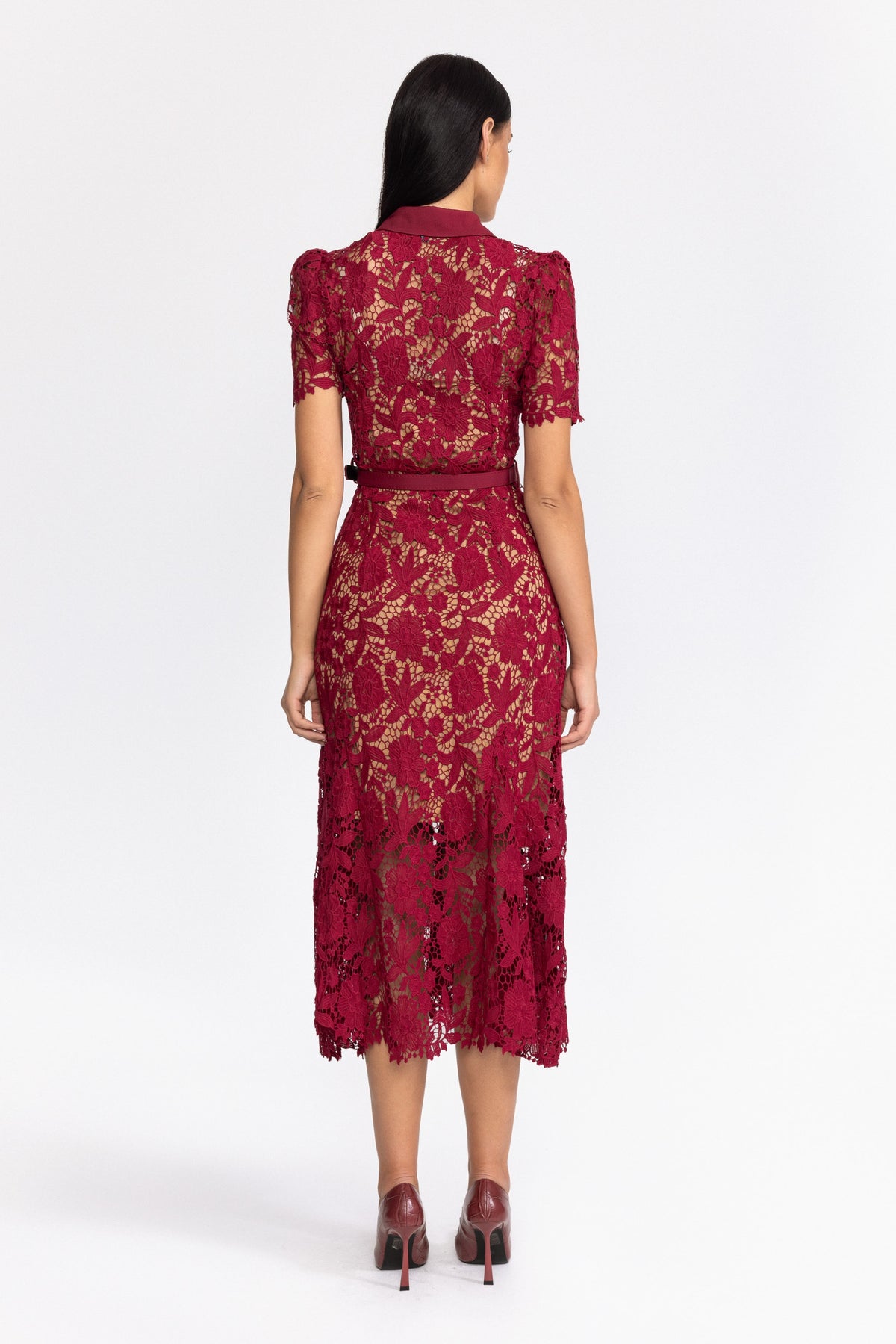 Guipure Lace Crystal Button Shirt Midi Dress - Wine