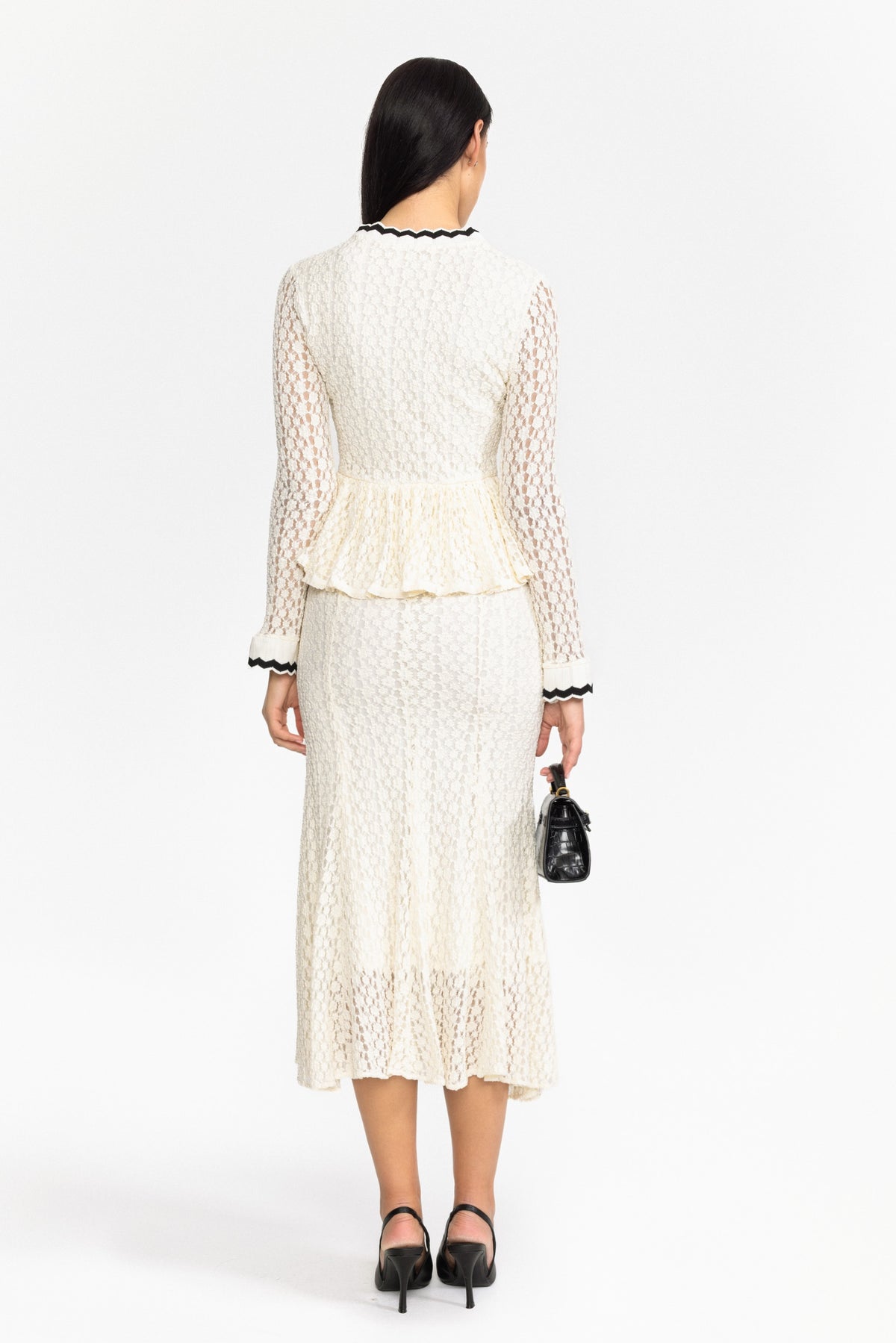 Crochet Knit Peplum Midi Dress with Ric-Rac Trim - Off-White