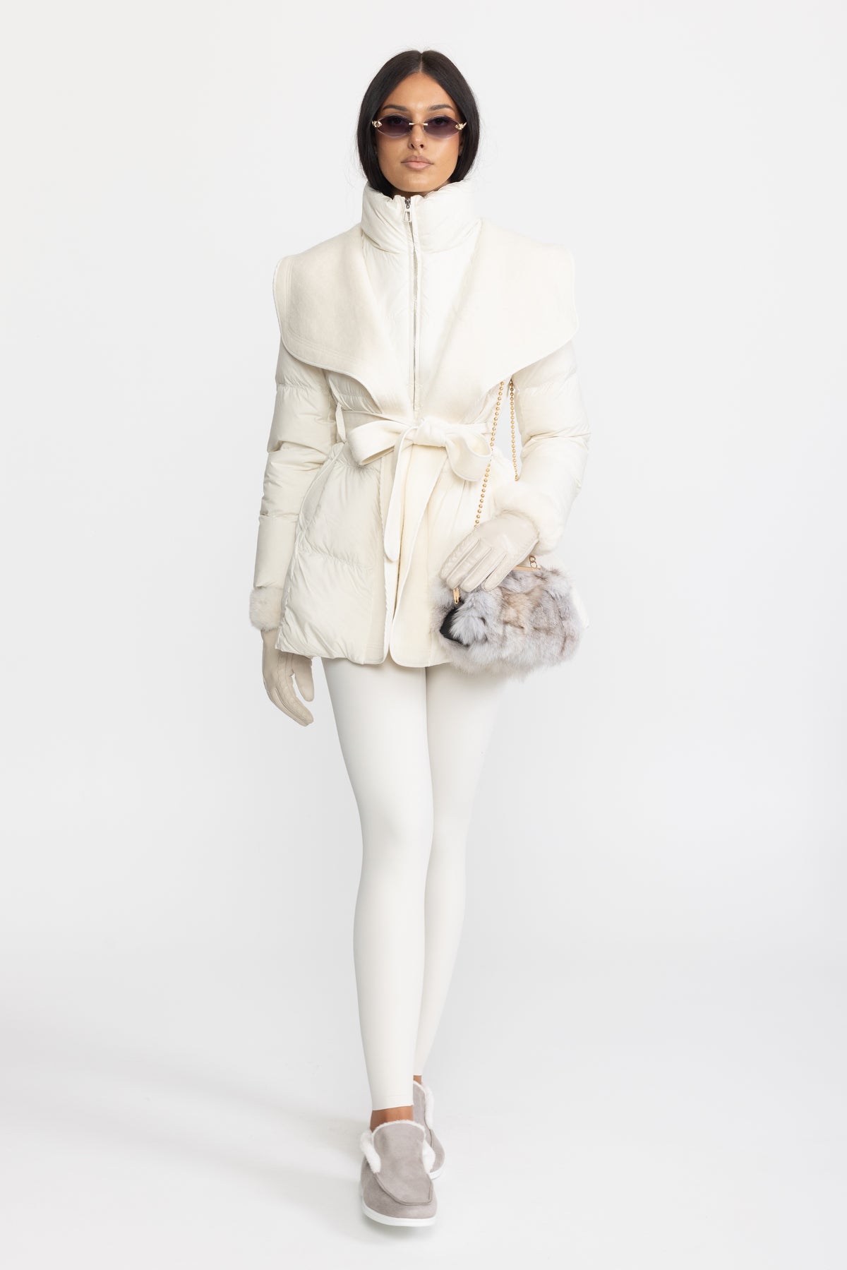 Draped Collar Belted Down Jacket with Plush Cuffs - Ivoire