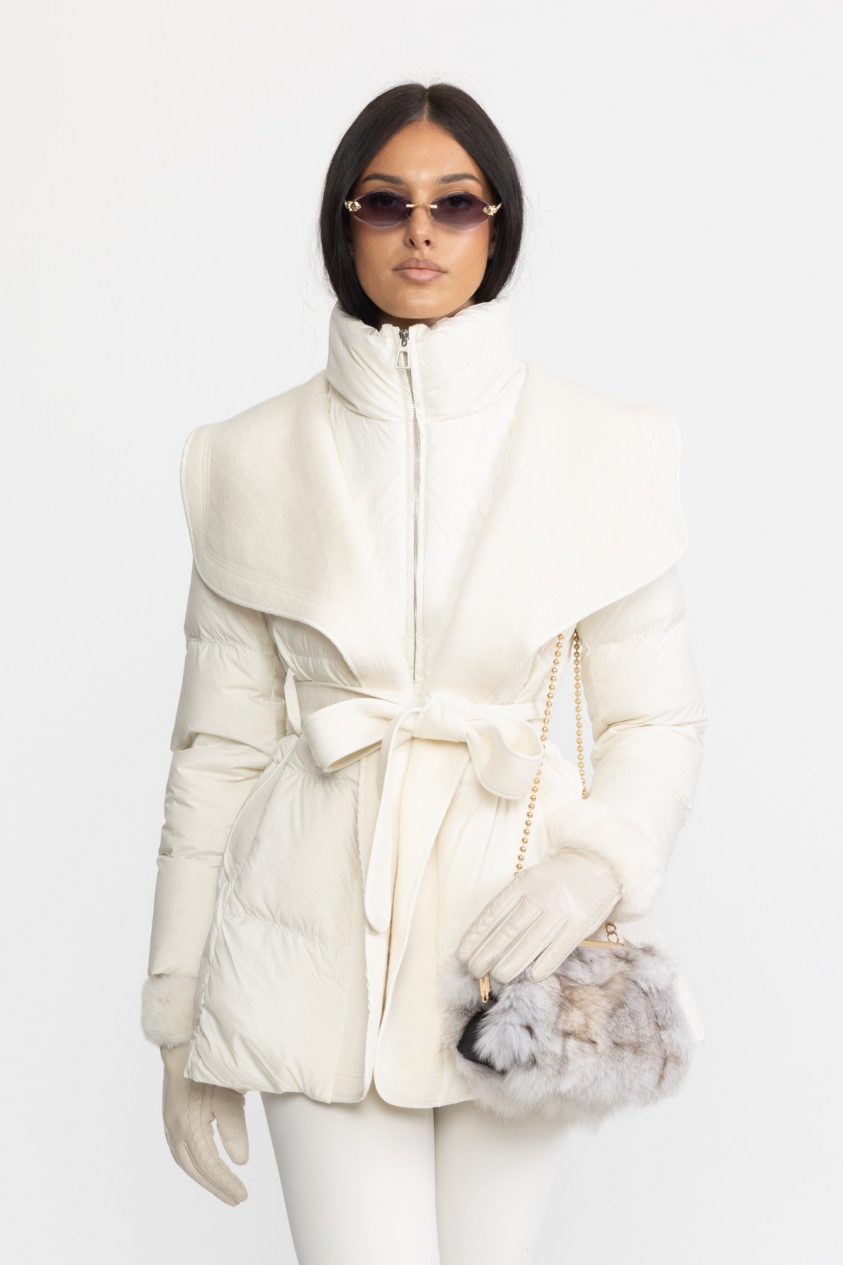 Draped Collar Belted Down Jacket with Plush Cuffs - Ivoire