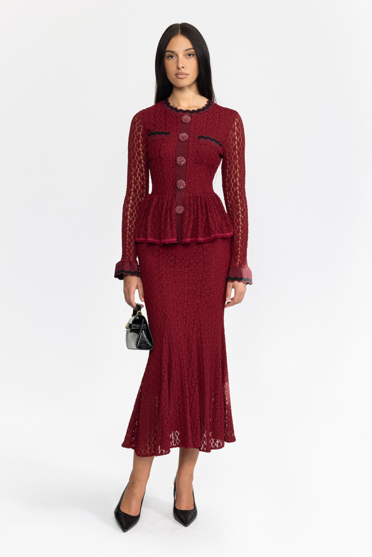 Crochet Knit Peplum Midi Dress with Ric-Rac Trim - Wine