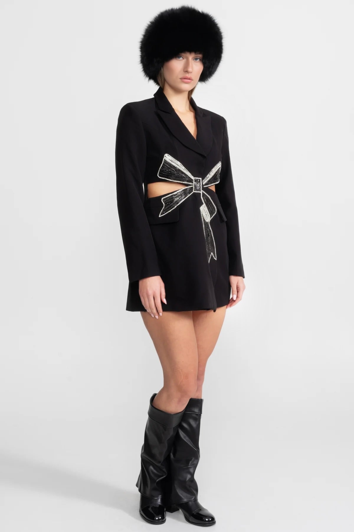Crystal Bow Cut-Out Blazer Dress - Black