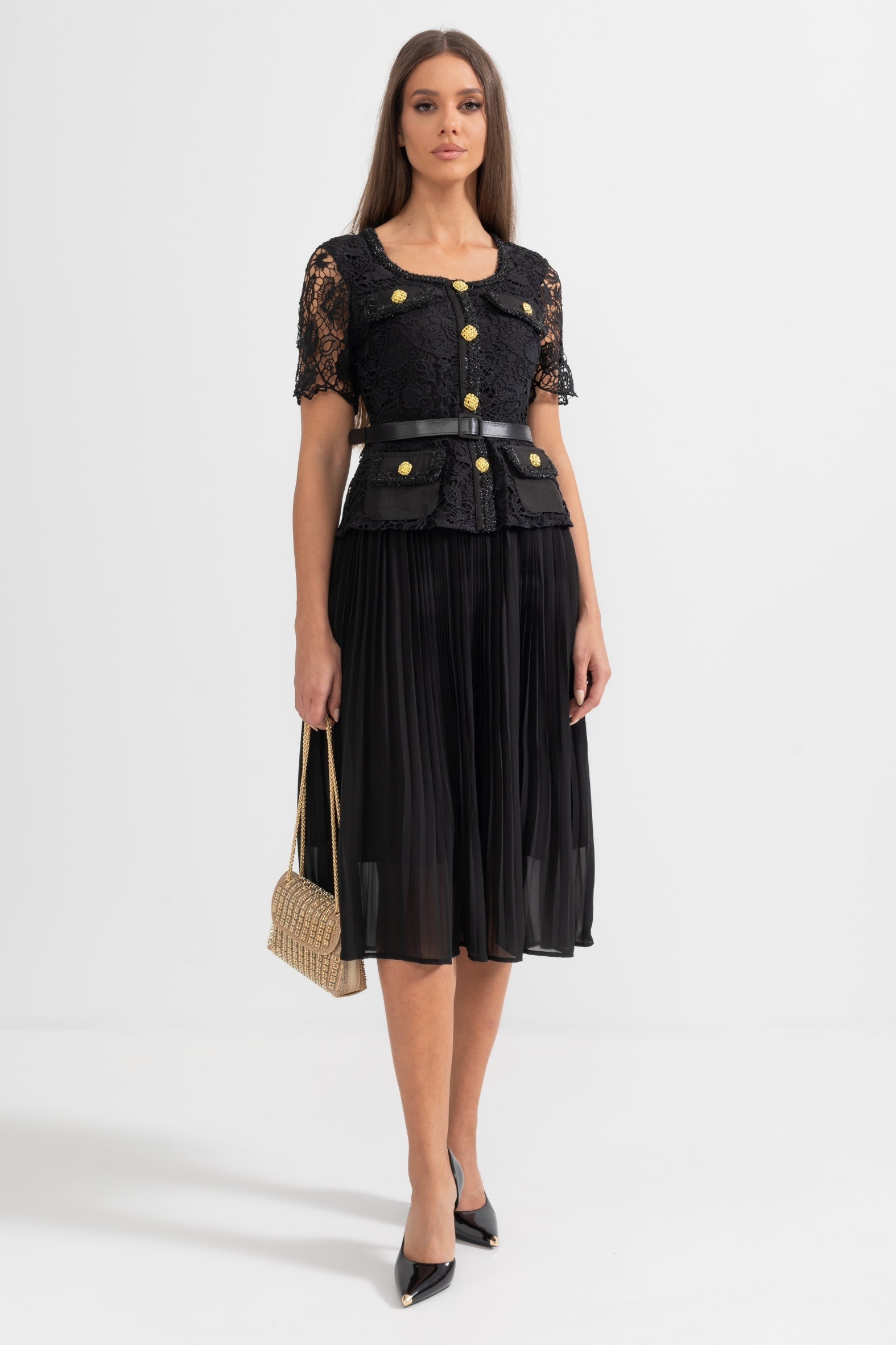 Elegant Short Sleeved Dress with Lace Top and Flared Skirt - Black S Elegant Short Sleeved Dress with Lace Top and Flared Skirt - Black S