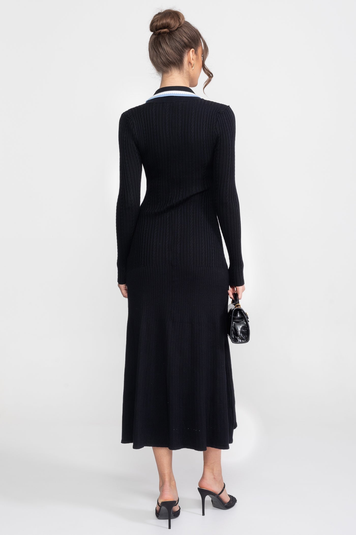 Long Sleeve Knit Midi Dress With Polo Collar And Monogram Patch - Black