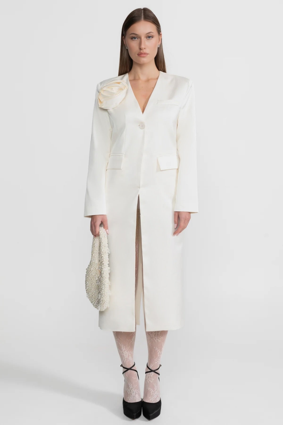 Satin Rose Embellished Blazer Dress – Ivoire