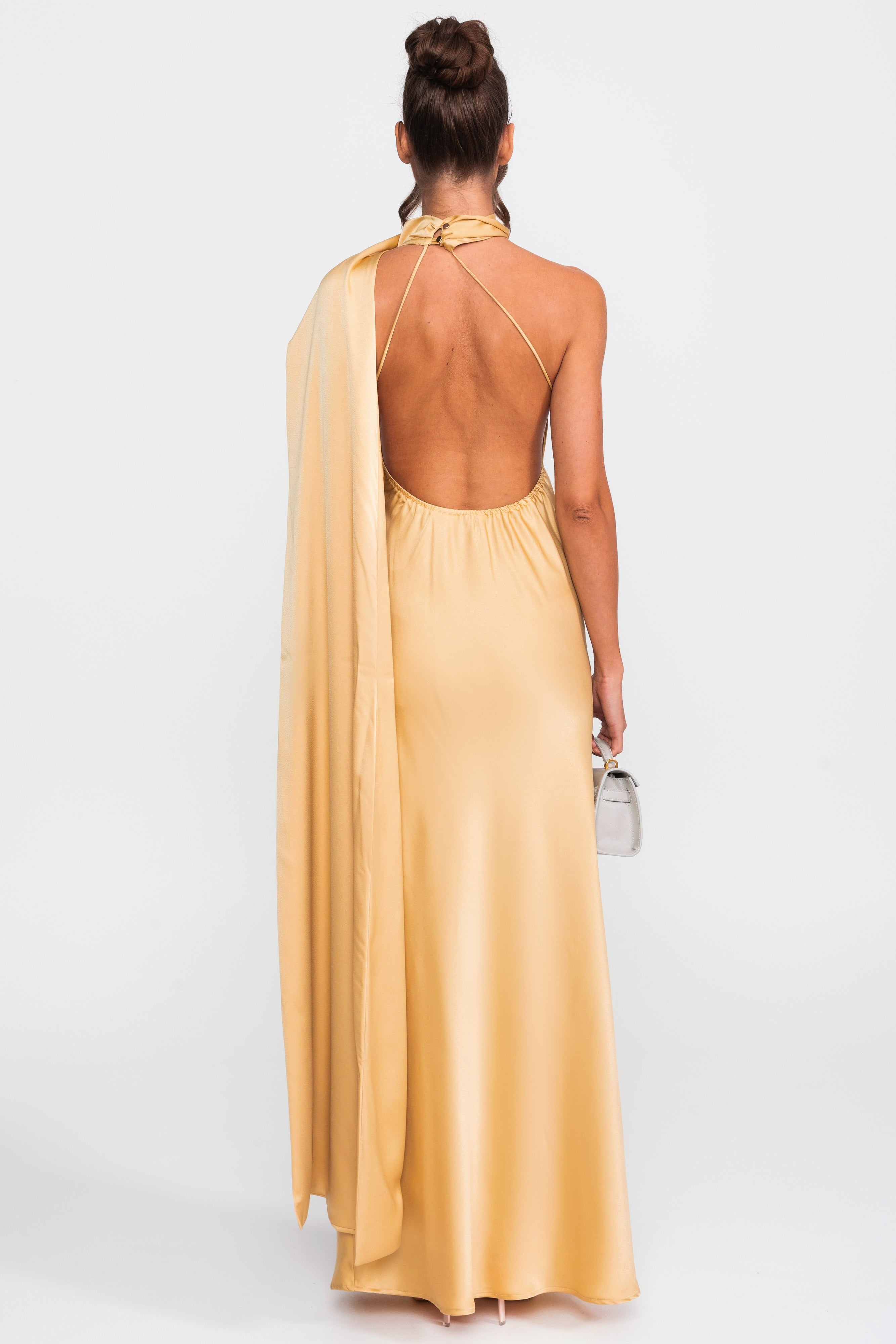 Twist Halter Satin Slip Dress With Asymmetric Neckline - Yellow